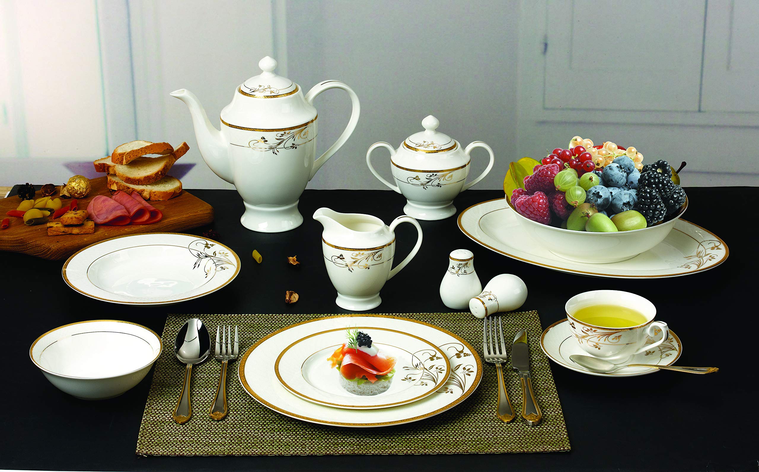 Lorren Home Trends La Luna 57-Piece Bone China Dinnerware Set with 24K Gold Floral Design - Service for 8 - Elegant Table Setting for Formal Dinners, Weddings & Special Occasions
