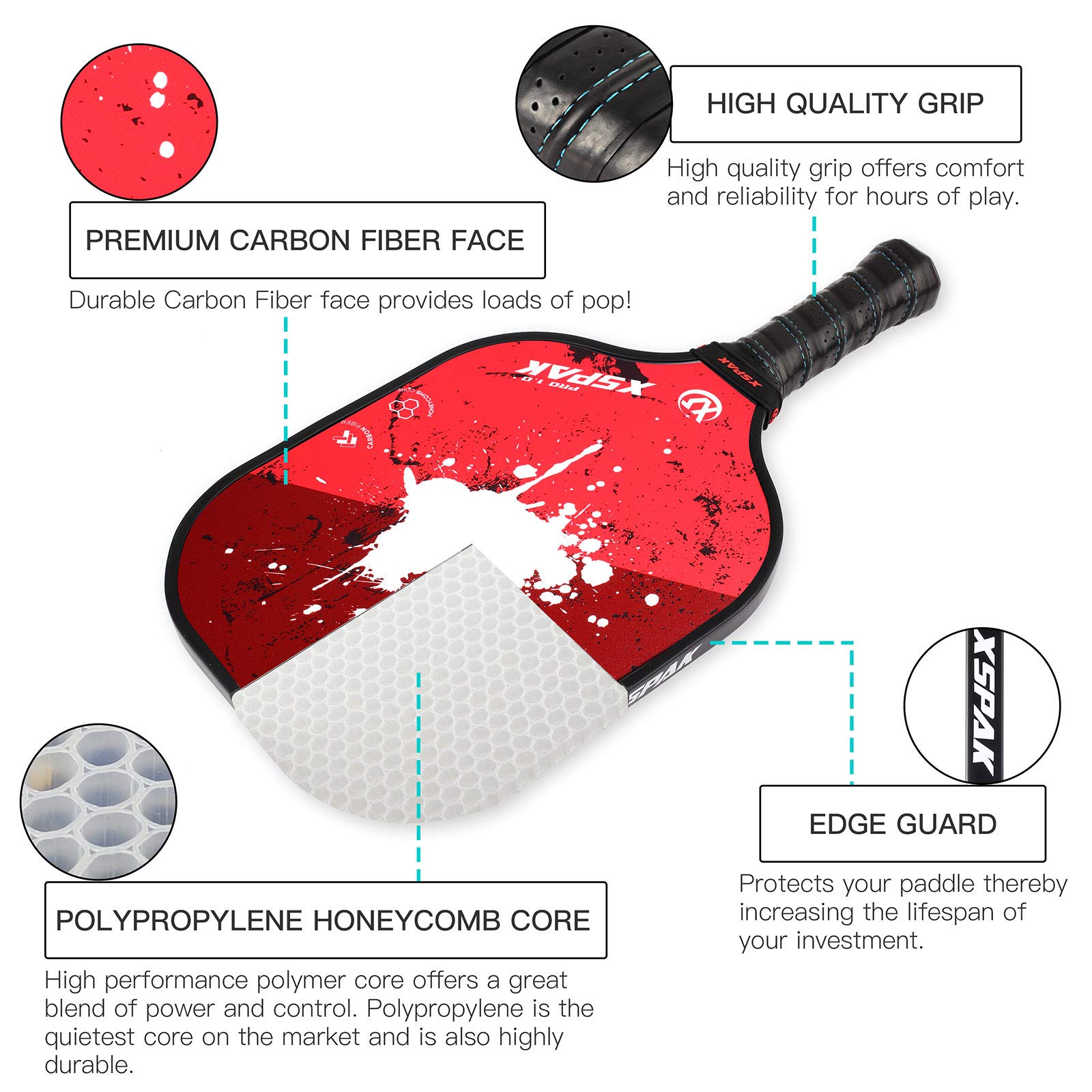 XS XSPAK Pickleball Paddle - USAPA Approved Lightweight Graphite Carbon Fiber Racket with Polypropylene Honeycomb Core | Includes Protective Cover | Perfect for Tournaments, Recreational Play & Outdoor Sports