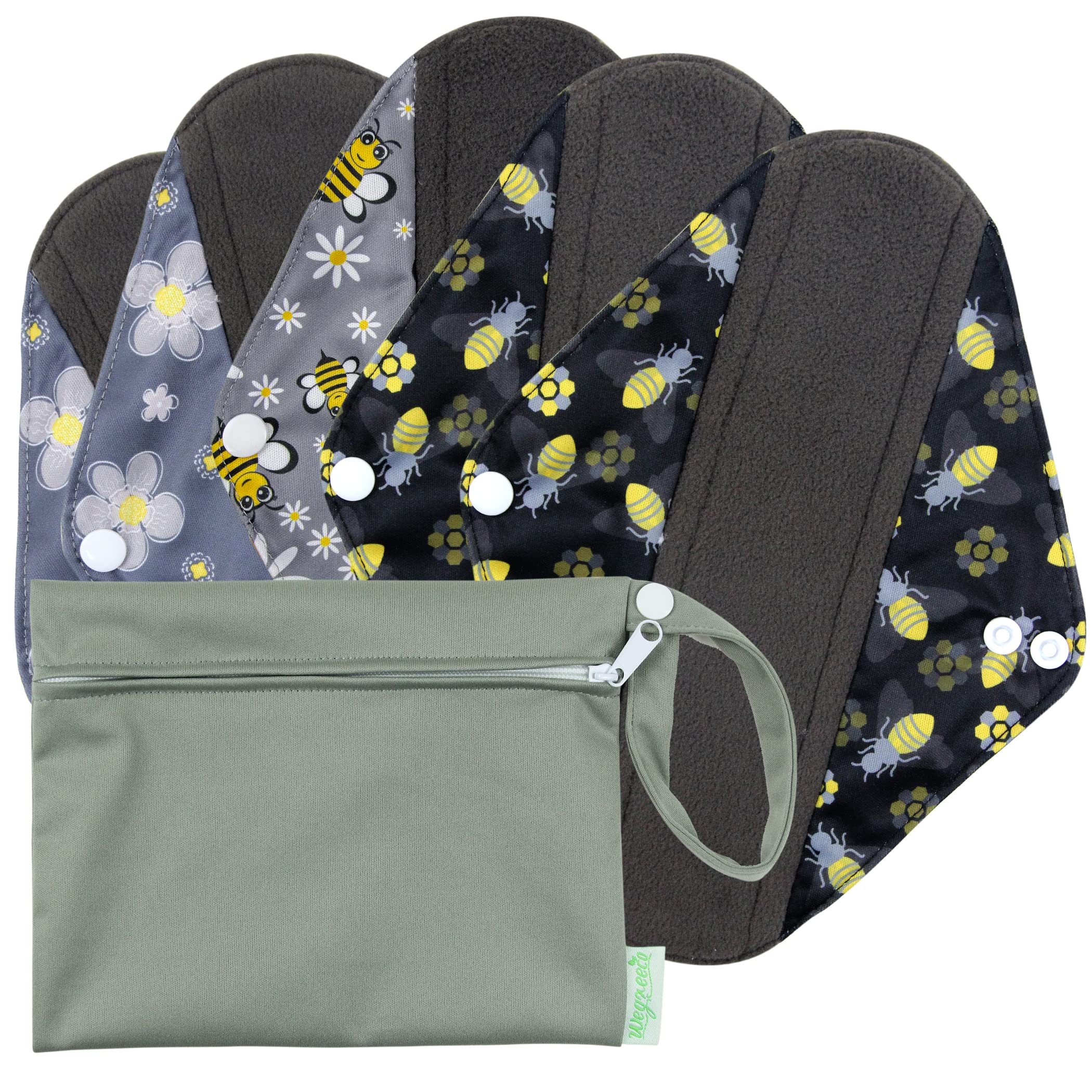 Wegreeco Reusable Menstrual Pads for Women - 5 Pack Soft Cloth Sanitary Pads with 1 Wet Bag | Eco-Friendly Washable Panty Liners | Medium Size Bee & Bloom Design | Perfect for Travel, Work & Active Lifestyle