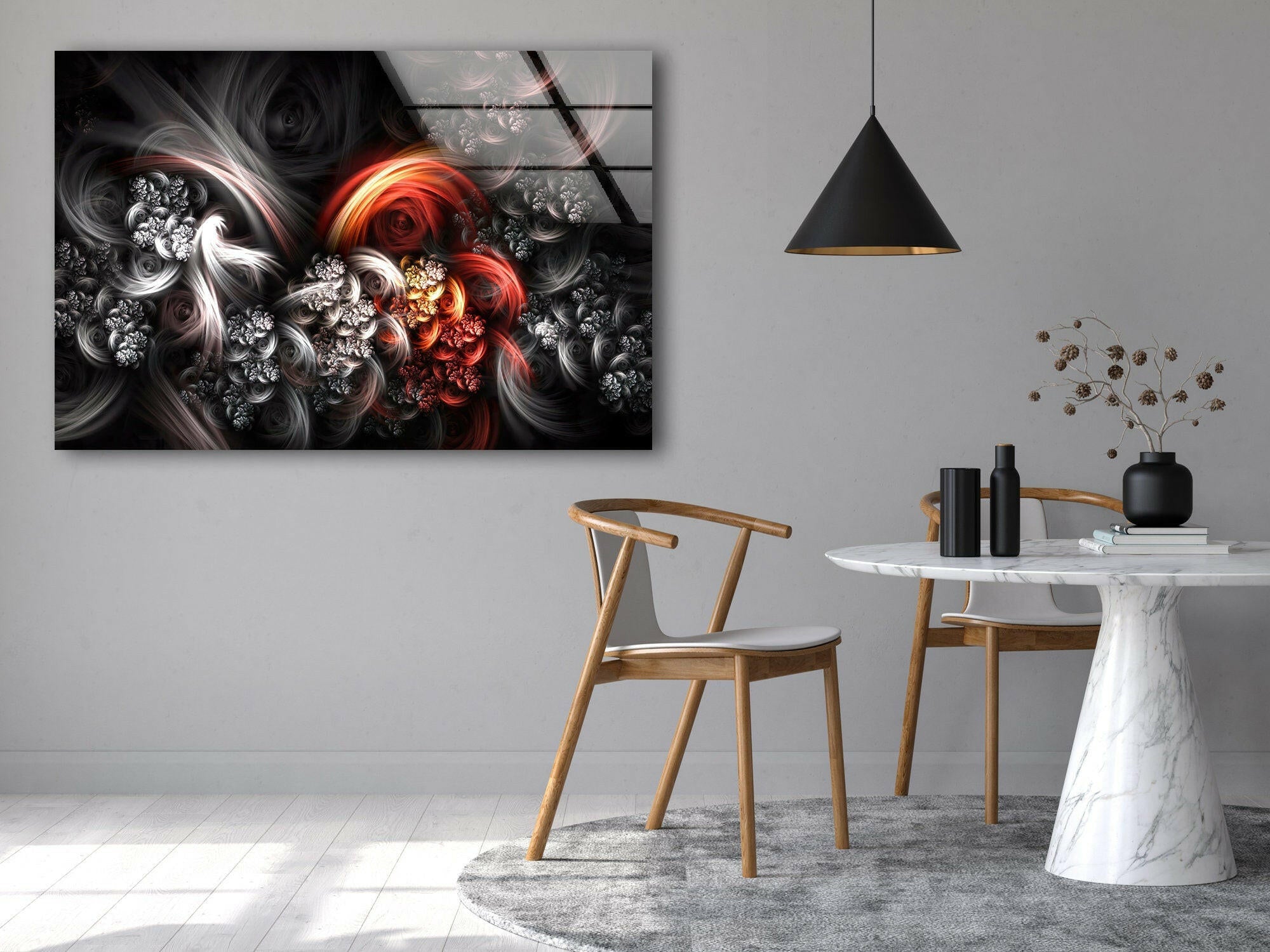 Modern Black and Red Fractal Glass Wall Art - Handmade Abstract Home Decor for Living Room, Bedroom & Office - Unique Contemporary Wall Hanging for Interior Design