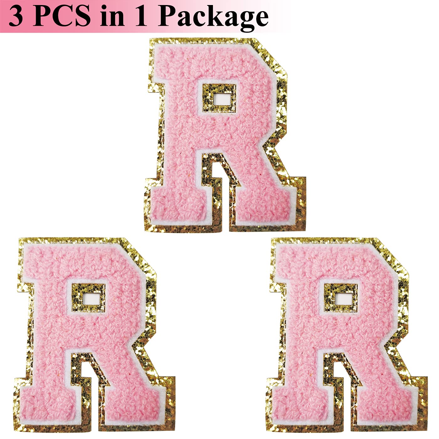 Gold Glitter & Pink Chenille Iron-On Letter Patches - 3 PCS Varsity Initial Patches with Adhesive Backing for Team Costumes, Jackets & DIY Crafts (3.1 Inch Height) - Perfect for Cheerleading Uniforms, Denim Jackets & Personalized Gifts