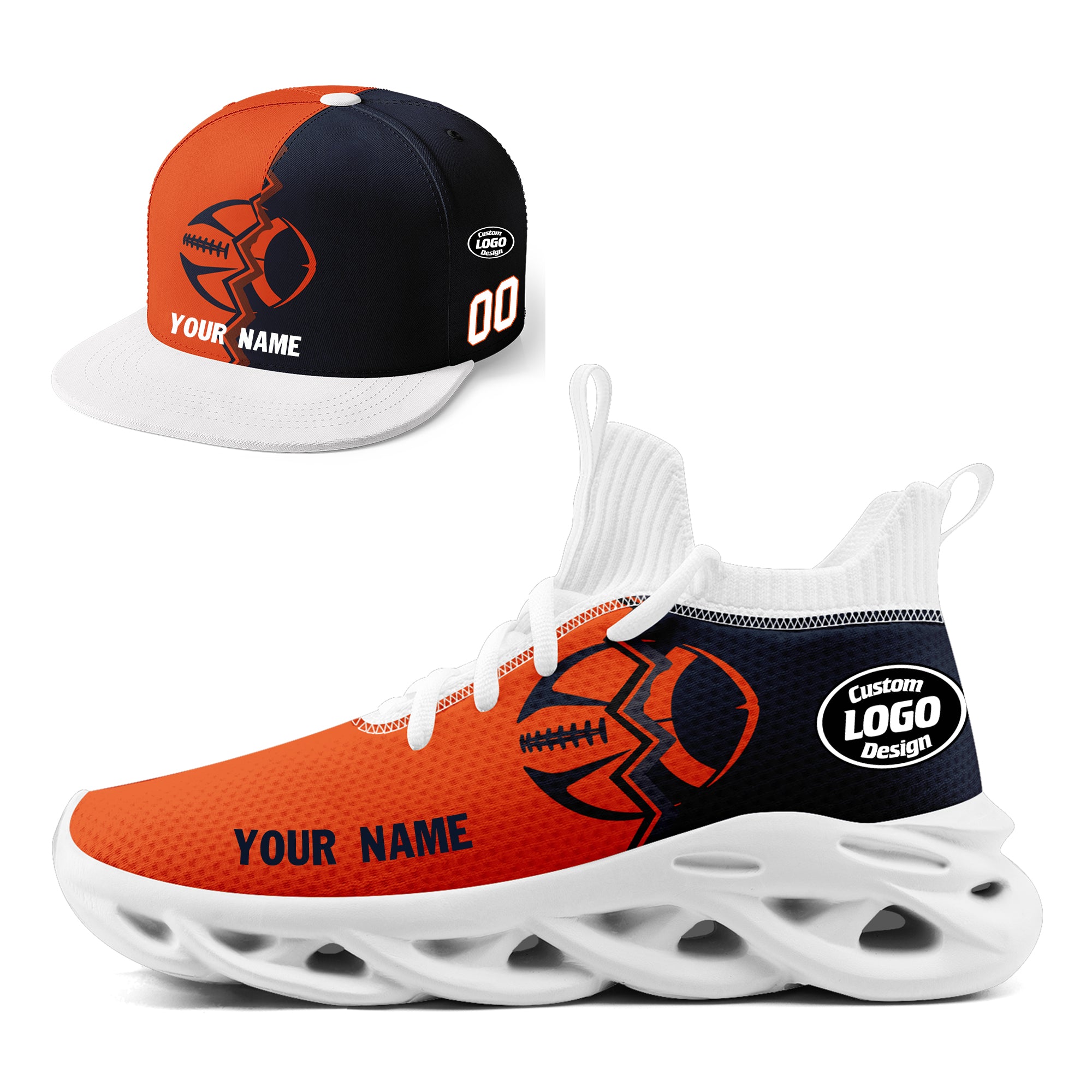 Custom Deep Blue & Orange Illinois MaxSoul Shoes and Hat Set - Personalized Sports Fan Combo D028017 - Perfect for Game Days, Tailgating, and Showing Team Spirit