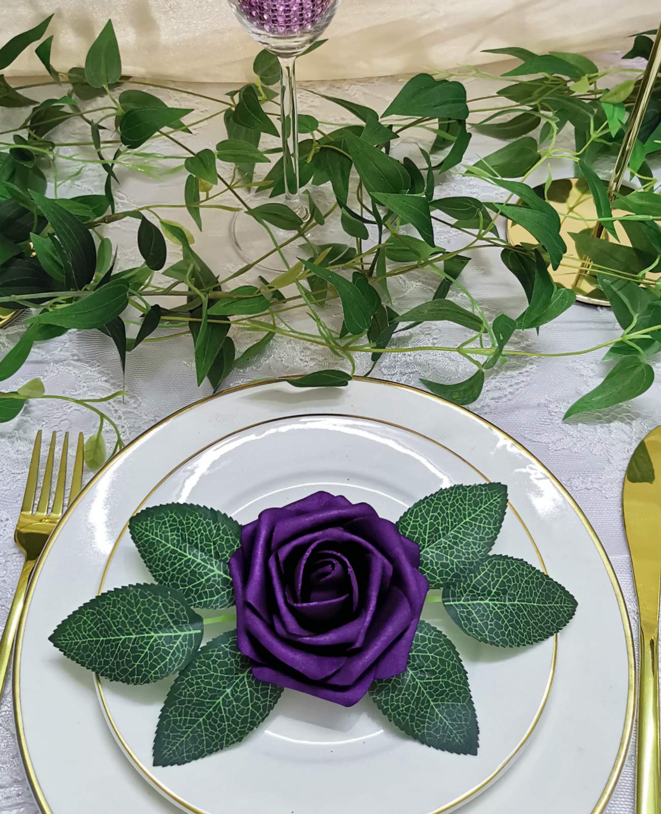 25PCS Realistic Purple Ombre Fake Roses for Wedding Bouquets & Home Decor