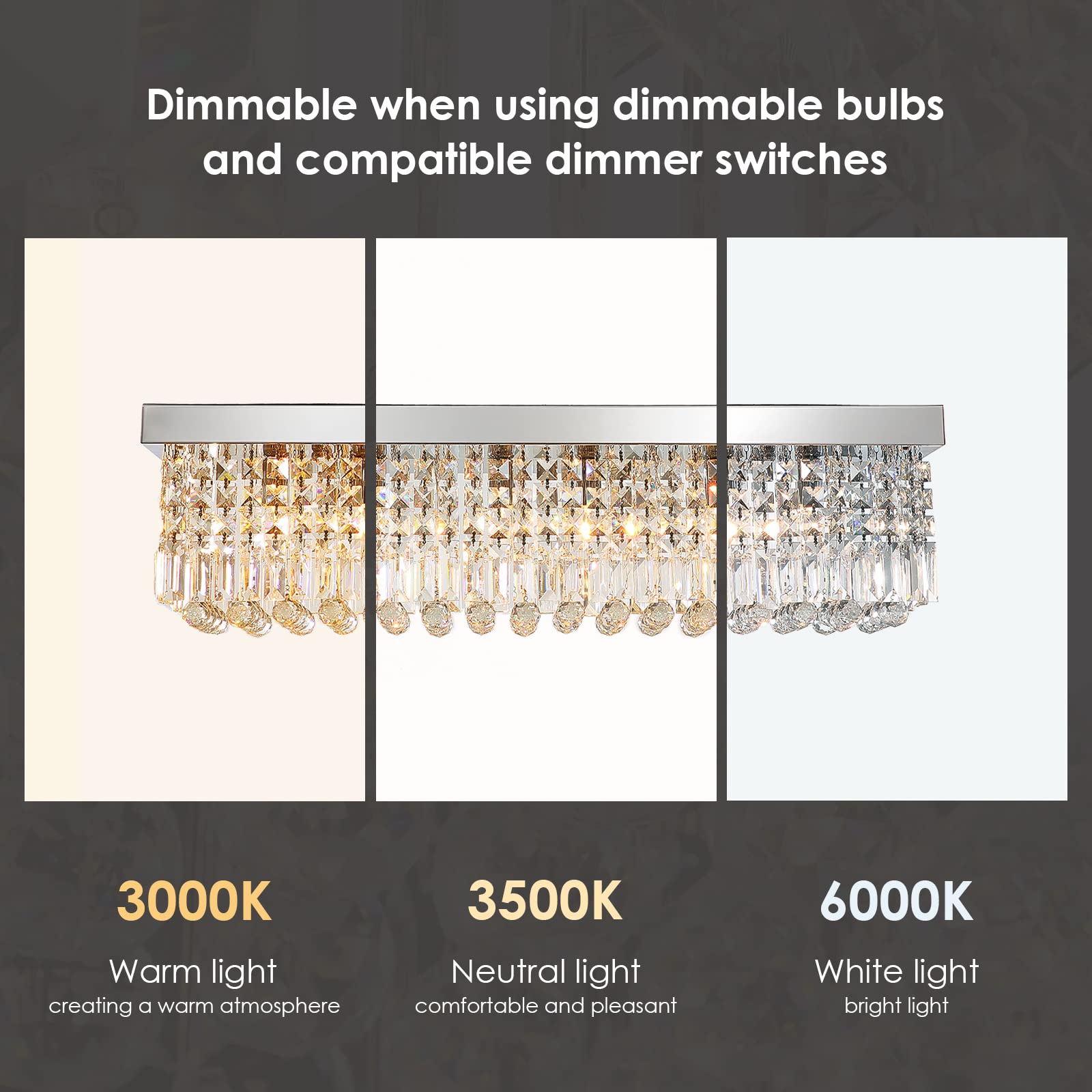 Siljoy Modern 6-Light Rectangular Crystal Chandelier - K9 Crystal Raindrop Flush Mount Ceiling Light Fixture (31.5