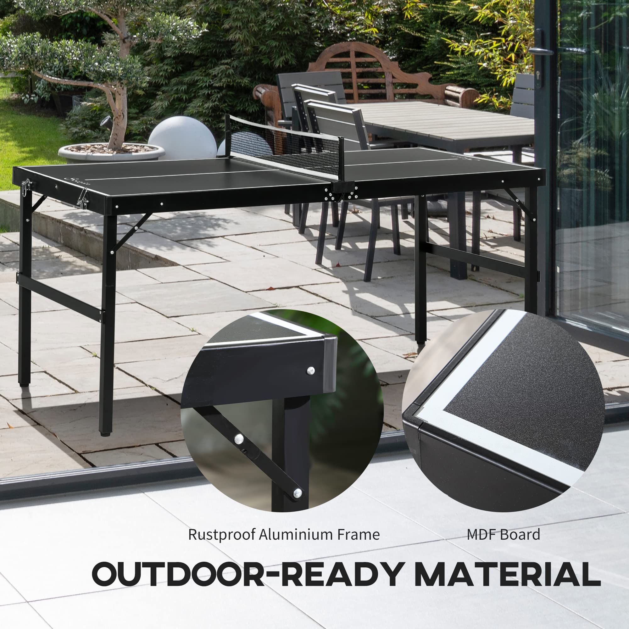 Soozier Mini Folding Table Tennis Table with Aluminum Frame - Portable Ping Pong Table with Net for Indoor & Outdoor Use - Perfect for Garden, Camping, Backyard, and Family Game Nights (Black)