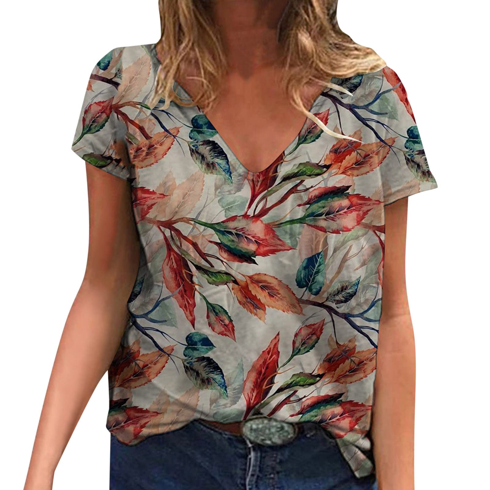 Women's Summer Short Sleeve V-Neck Graphic T-Shirt - Cute Printed Casual Blouse & Loose Fit Tee for Everyday Wear, Beach Outings & Weekend Outfits
