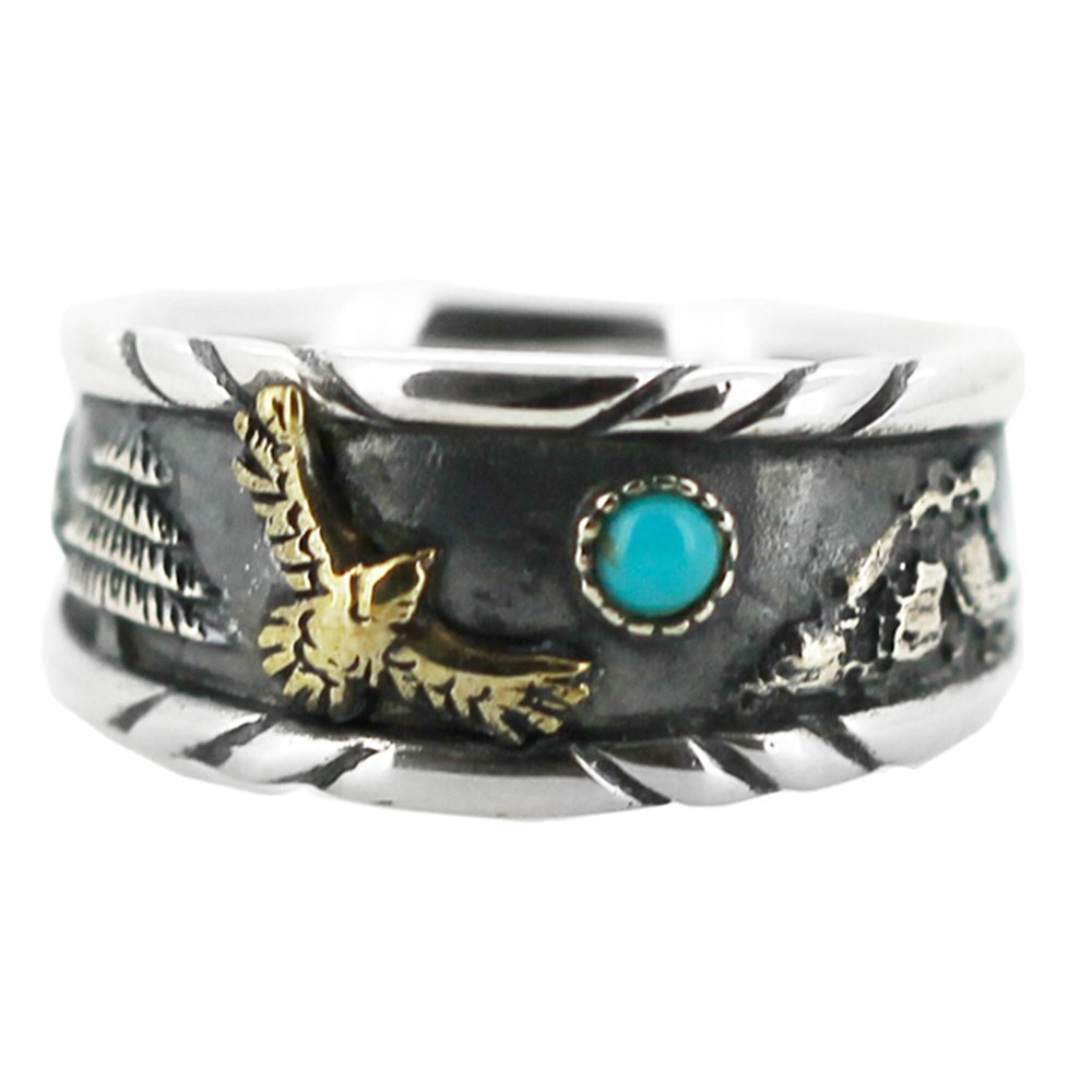 Antique Vintage Men's 925 Sterling Silver & Copper Biker Ring Set with Natural Blue Turquoise Gemstone - Unique Fashion Jewelry for Daily Wear & Motorcycle Enthusiasts