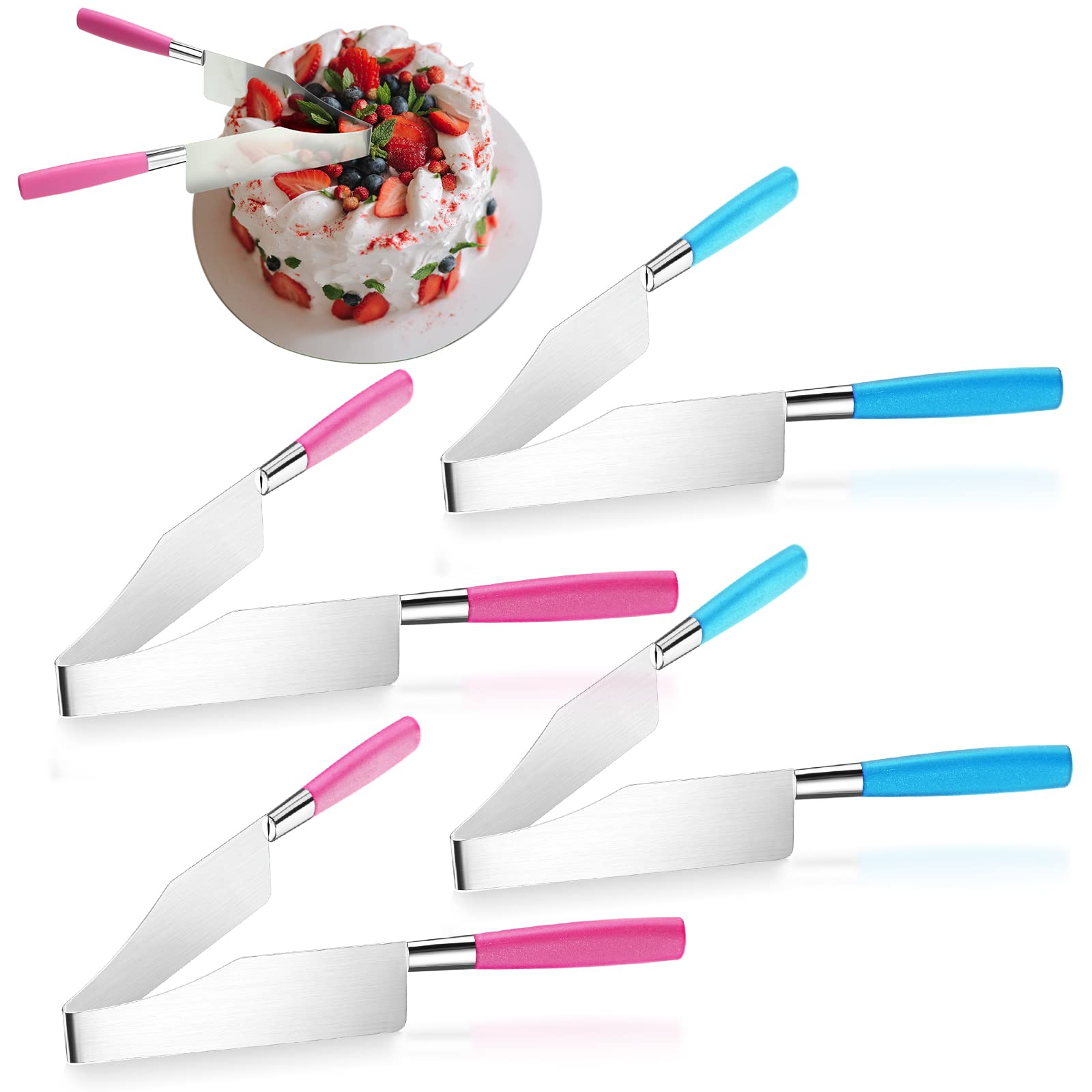 Stainless Steel Cake Slicer & Server Set - 4 Piece Professional Baking Tools for Cake, Pie, Pastry, Bread & Pizza - Includes Cake Lifter, Divider & Serving Tongs (Pink & Blue) - Perfect for Birthday Parties, Wedding Desserts & Home Baking