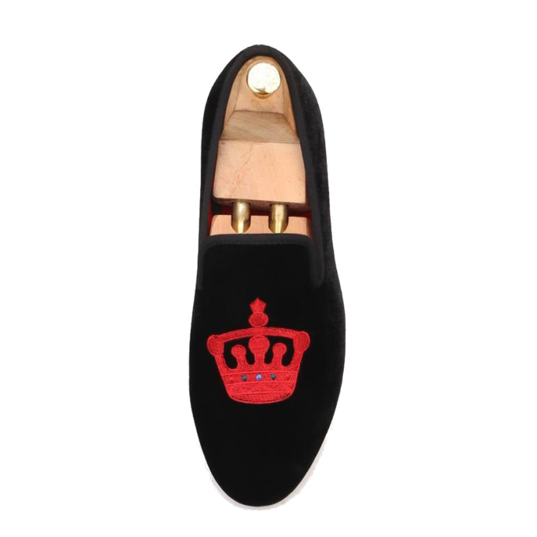 FERUCCI Handmade Men's Black Velvet Slippers - Premium Loafers with Red Crown Design | Comfortable House Shoes for Indoor & Outdoor Wear | Perfect Gift for Fathers Day, Christmas & Special Occasions