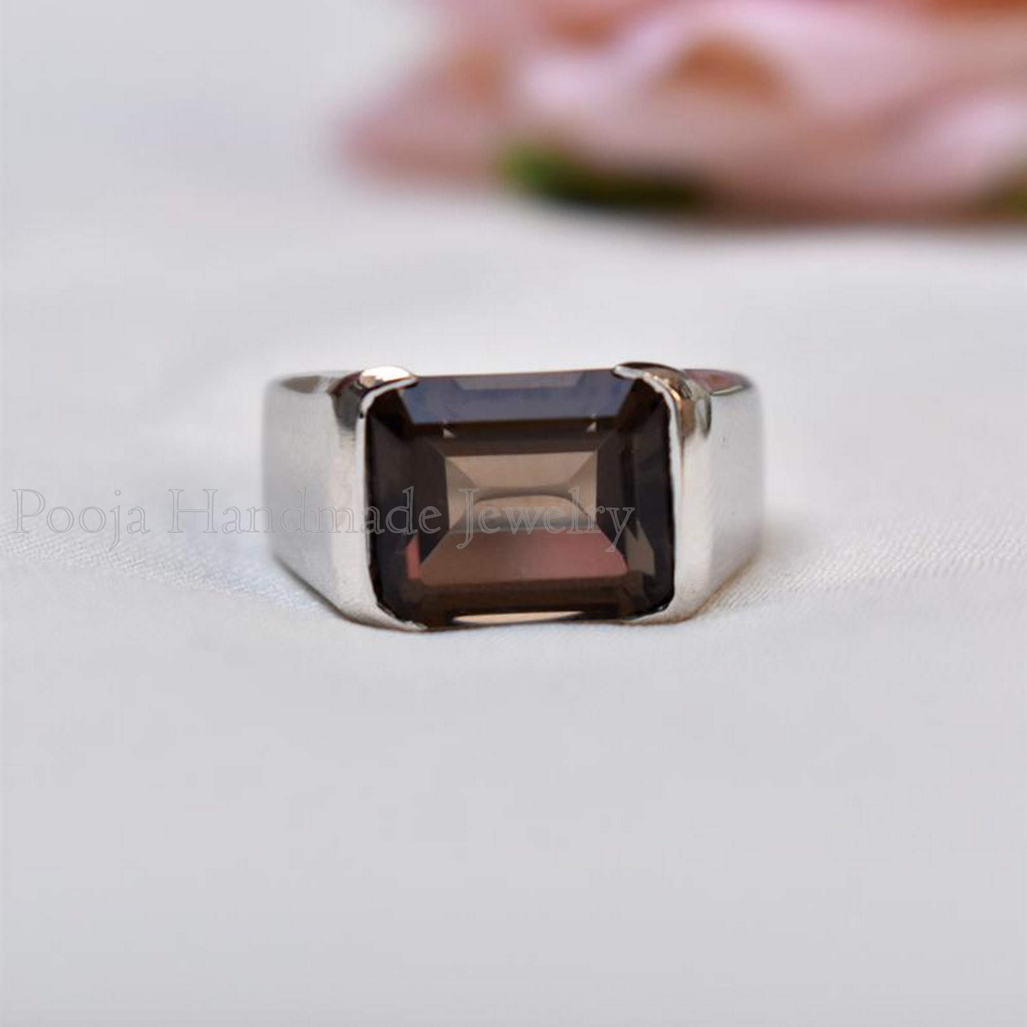 Natural Smoky Quartz Ring for Men - 925 Sterling Silver Gemstone Ring, Handmade Ottoman Style Heavy Band - Brown Birthstone Jewelry, Promise Gift for Him - Perfect for Weddings, Anniversaries & Special Occasions