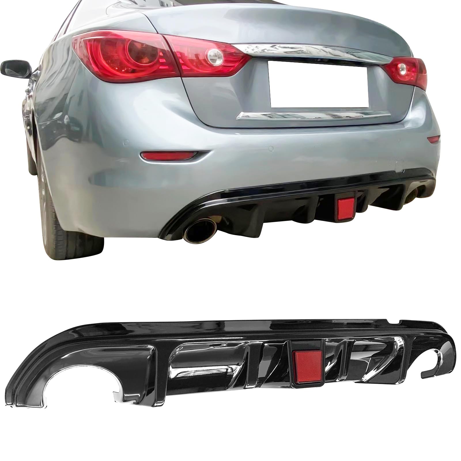 IKON MOTORSPORTS Rear Diffuser for 2014-2017 Infiniti Q50 | Gloss Black PP Bumper Lip Spoiler Splitter Kit with LED Brake Light | Aerodynamic Upgrade for Street & Track Performance