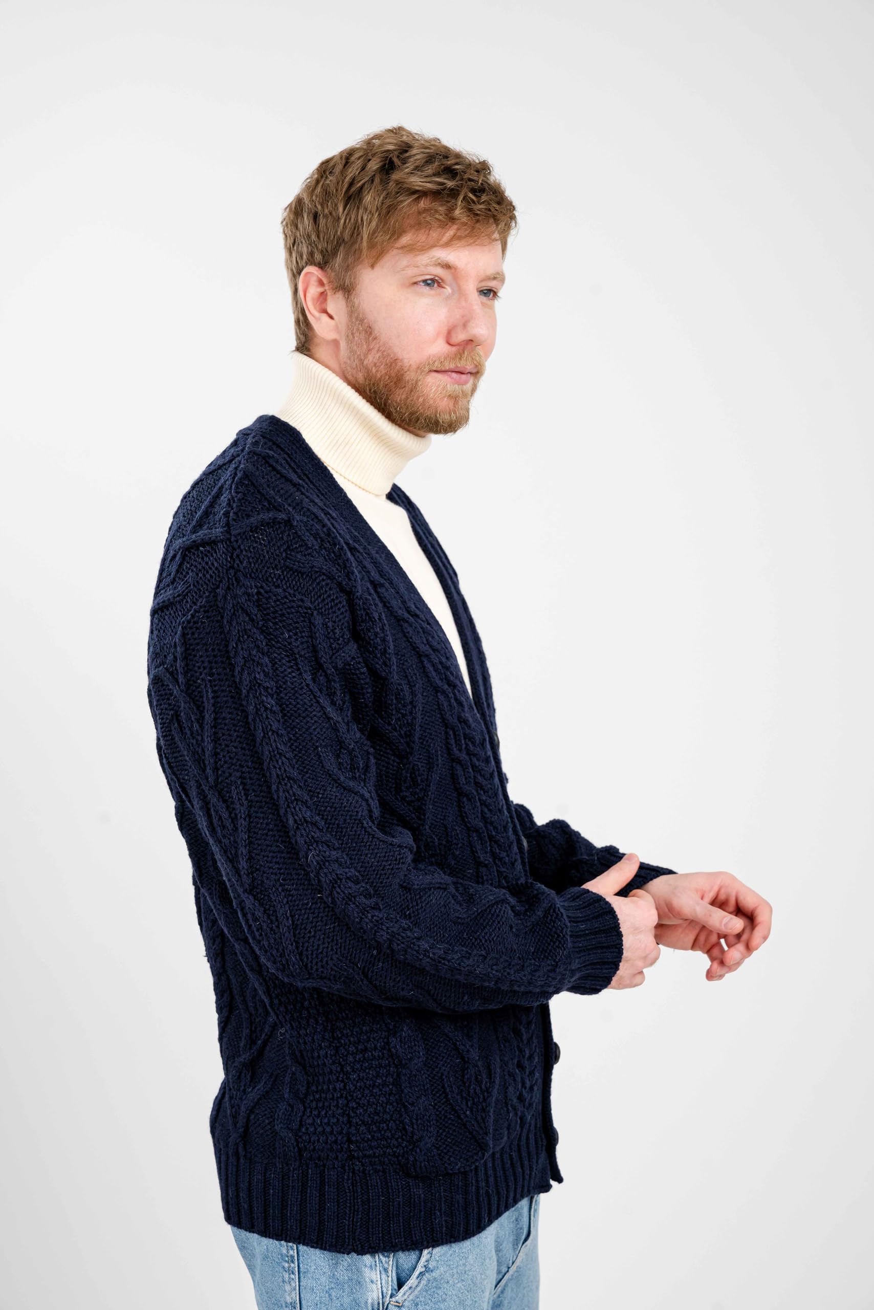SAOL 100% Merino Wool Men's Aran Cable Knit V-Neck Cardigan Sweater - Irish Style Button-Up Casual Pullover with Pockets - Perfect for Fall, Winter & Office Wear