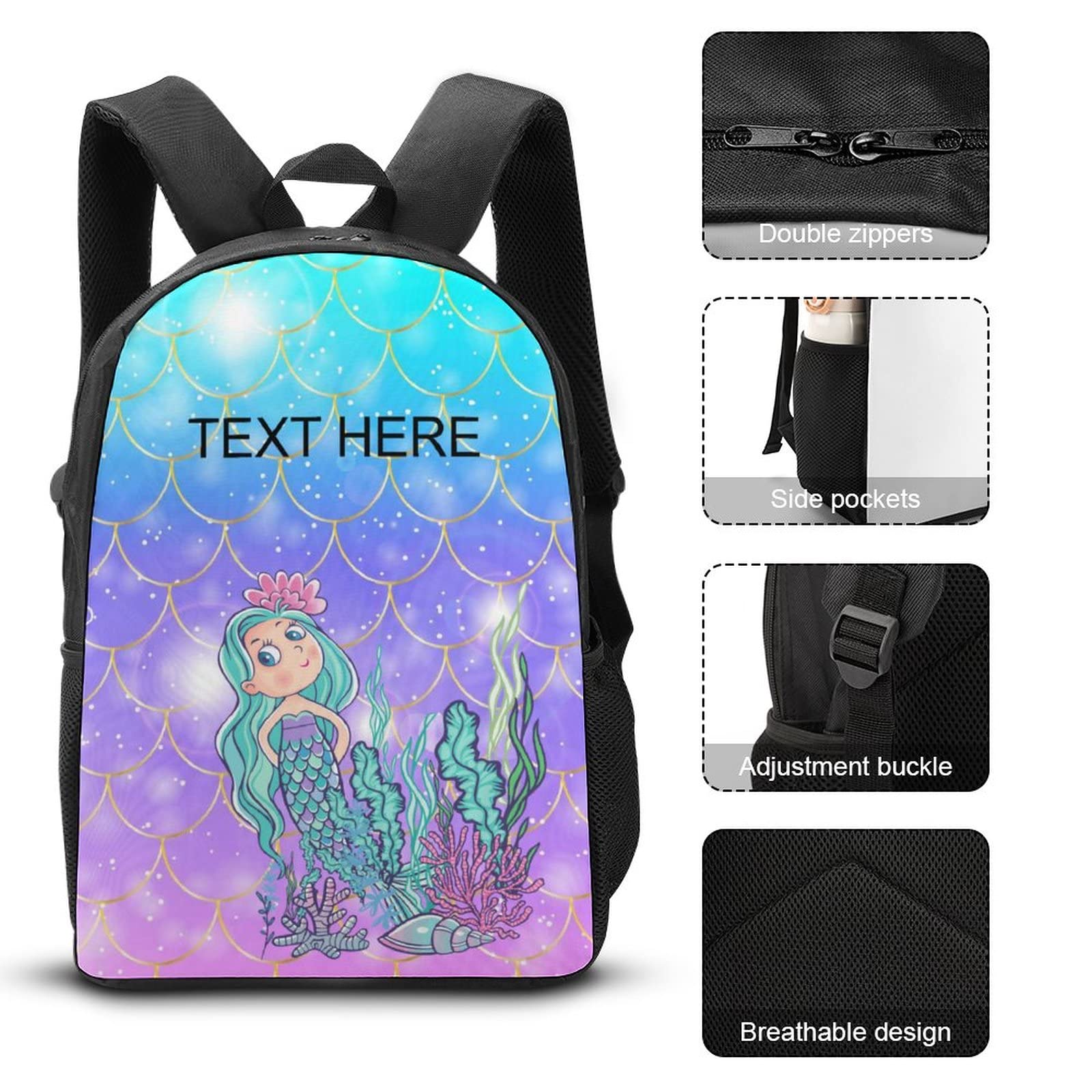 Custom Personalized Mermaid Backpack 3-Piece Set with Name - School Bookbag, Lunch Box & Pencil Case for Boys & Girls | Perfect for School, Travel & Gift Giving