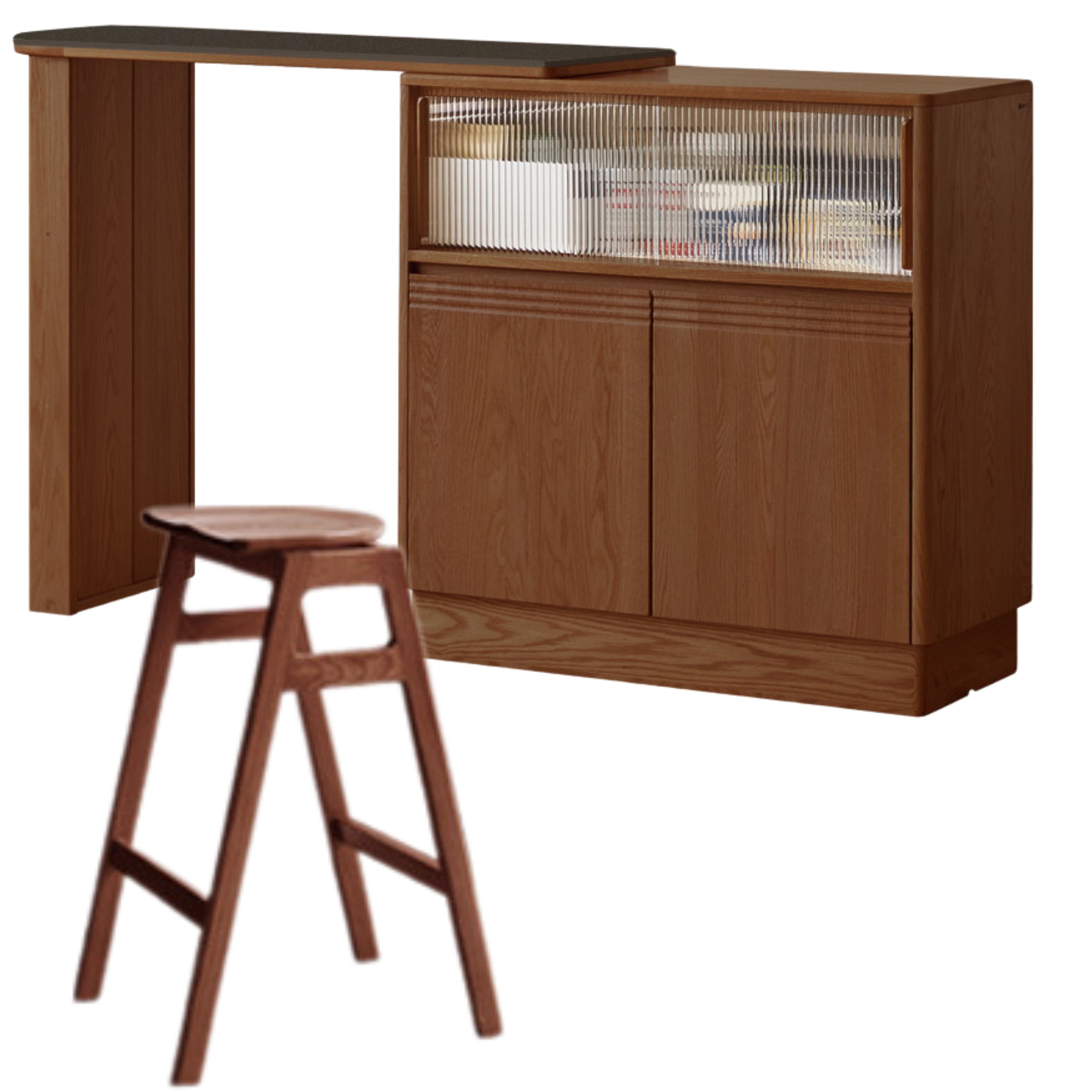 39.4x17.7x39.4 inch / 100x45x100сm / +47.2x17.7x40.9 inch / 120x45x104.2сm /  Walnut color/ partition cabinet + pure black rock board  table+ stackable bar chair* 2