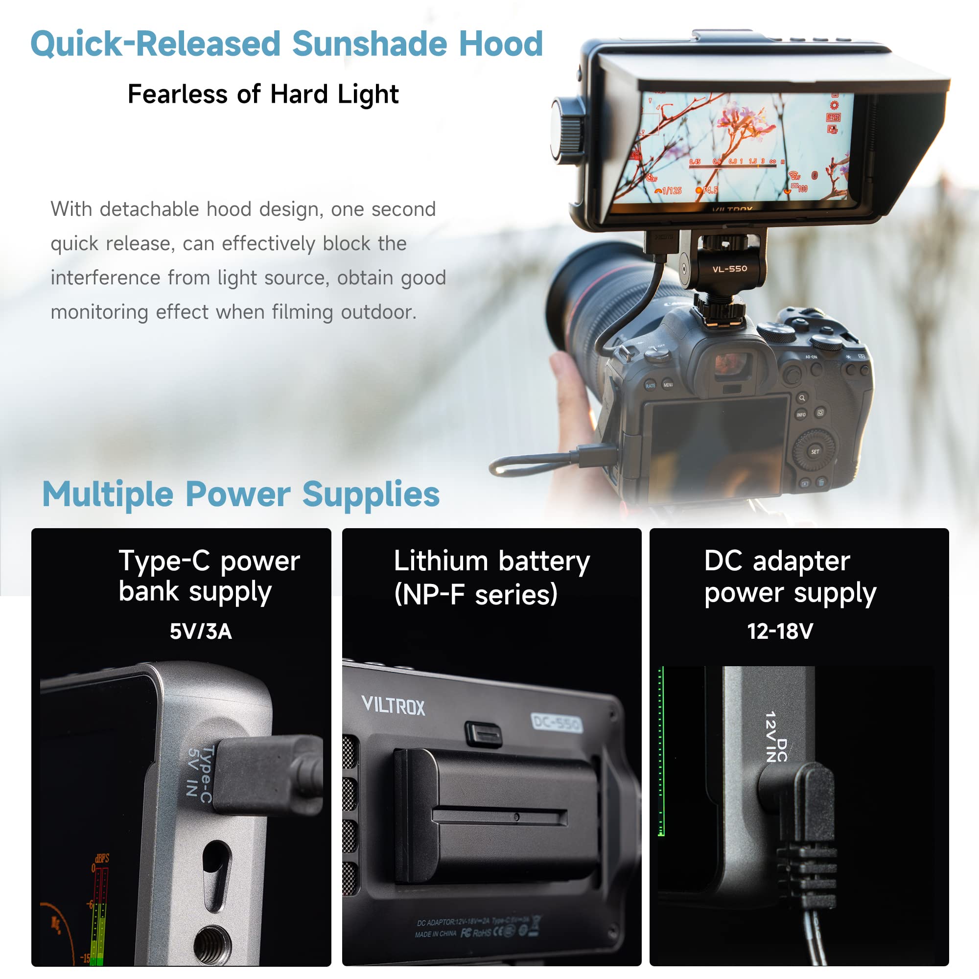 VILTROX DC-550 Lite 5.5 Inch 4K Touchscreen Camera Field Monitor with HDMI Input/Output, 400Nits Brightness, Peaking Focus Assist, Sunshade Hood & Battery - Perfect for DSLR Filmmaking, Video Production, and On-Camera Monitoring