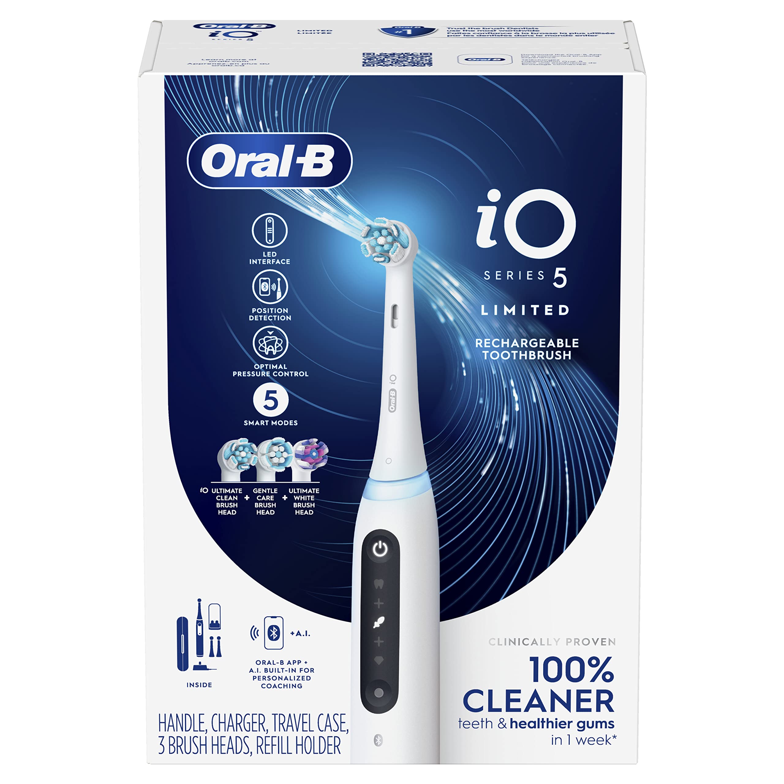 Oral-B iO5 Deep Clean + Whitening Rechargeable Electric Toothbrush with Pressure Sensor - 5 Modes, 2-Min Timer, 3 Brush Heads, Travel Case & Holder (White) - Perfect for Home Use, Travel & Teeth Whitening