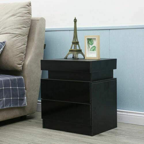 Modern Nightstand with LED Lights - High Gloss Bedside Table with 2 Drawers, Multi-Color Lighting for Bedroom & Living Room - Black (Perfect for Small Spaces & Contemporary Home Decor)