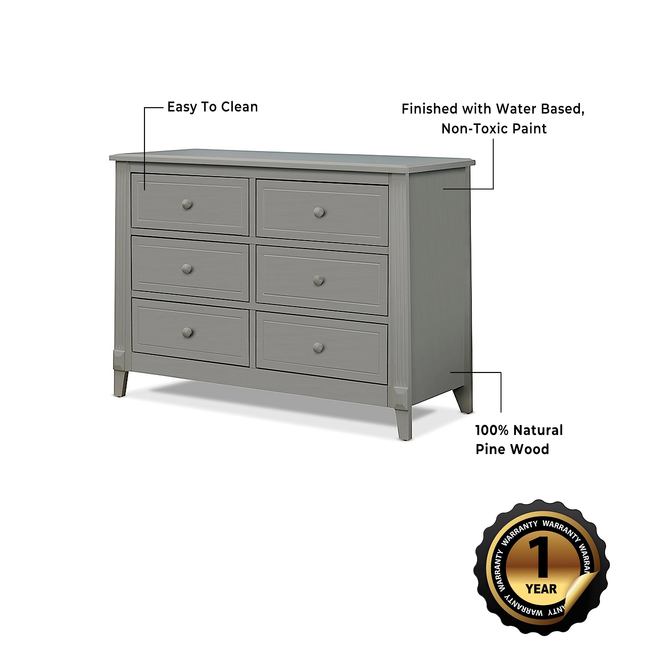 Sorelle Furniture Berkley Baby Dresser - 6-Drawer Nursery Storage, Kids Bedroom Furniture, Infant Nightstand - Gray - Perfect for Baby Room Organization & Toddler Clothes Storage
