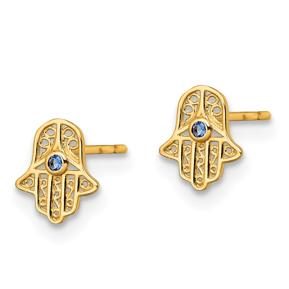 Gold Blue Glass Stone Hamsa Post Earrings for Women - Hand of Fatima Dangle Jewelry (Model YE2131) - Perfect for Boho Style, Gift Giving & Spiritual Protection