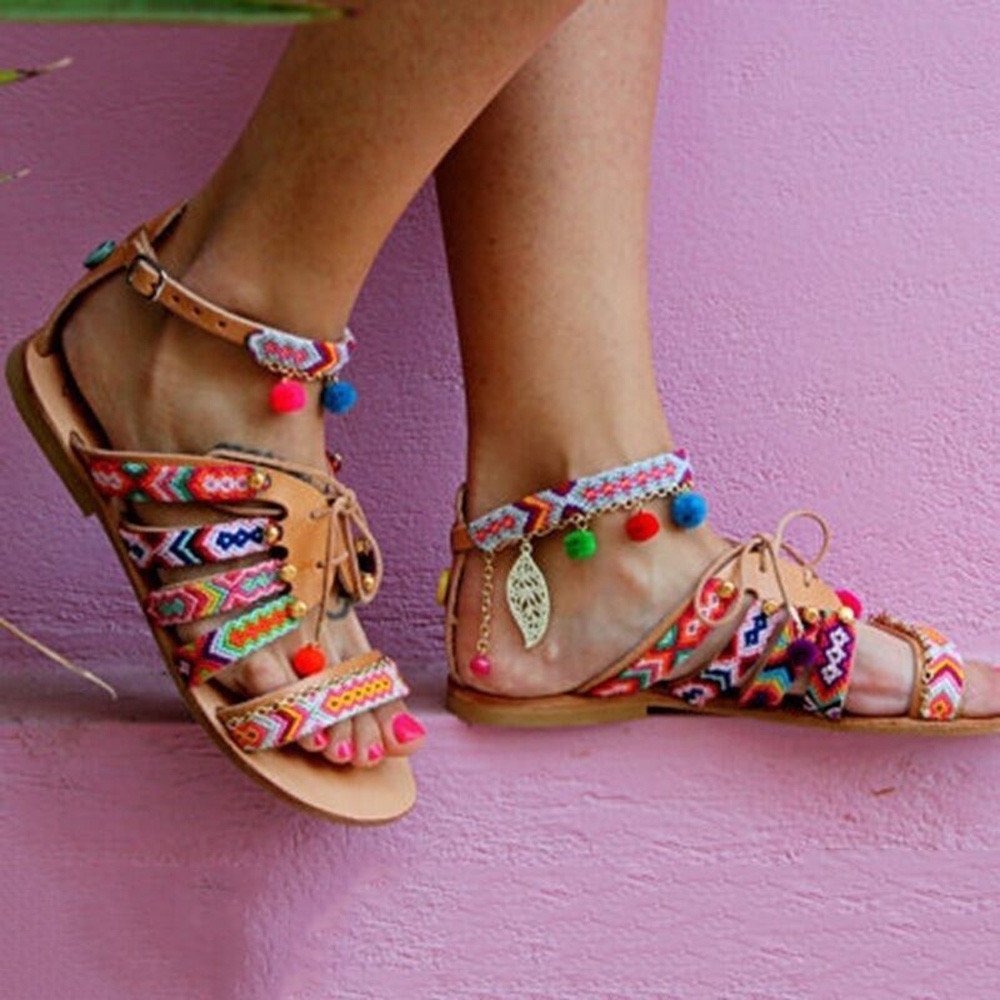 Women's Boho Beaded Platform Sandals - Casual Summer Flat Shoes for Beach, Walking & Outdoor Activities | Comfortable & Stylish Cross Strap Design
