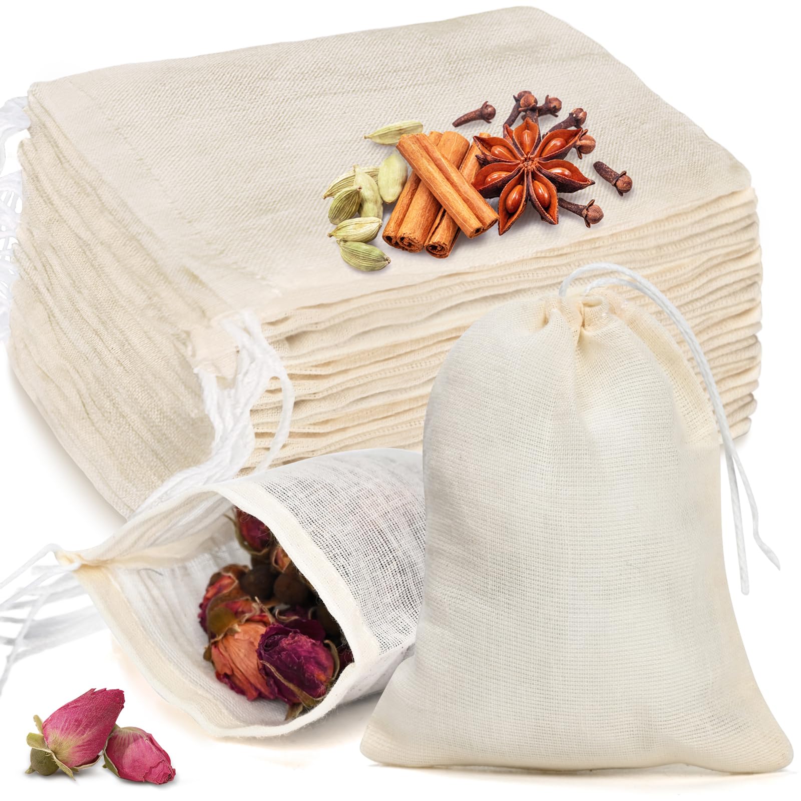 20 Pcs Natural Cotton Muslin Drawstring Bags - Reusable Tea Bags & Spice Sachets for Loose Leaf Tea, Herbs, Soup Seasoning - 4x3 Inch Cheesecloth Strainer Bags for Brewing, Cooking & DIY Crafts