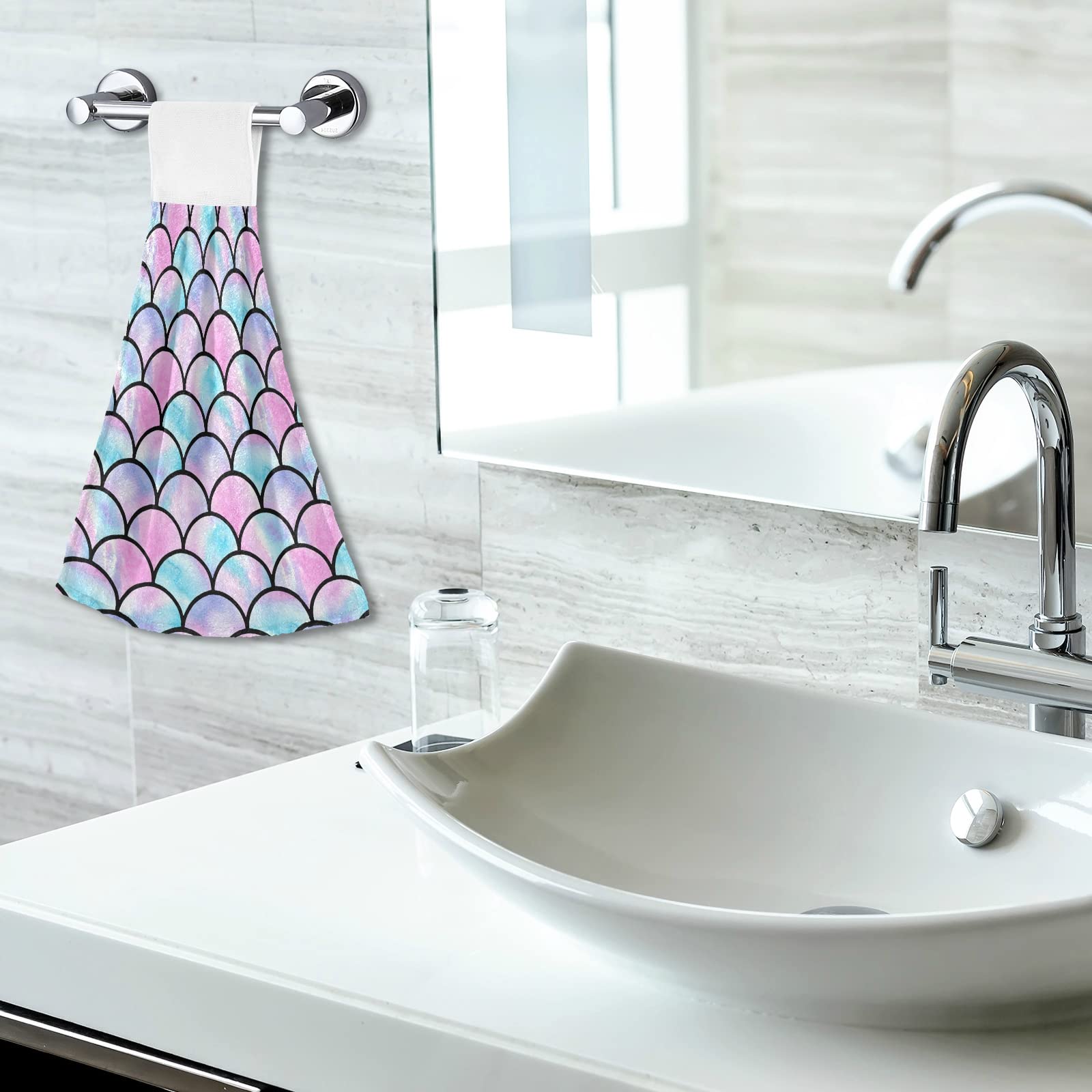 2 Pack Seamless Watercolor Lilac Mermaid Fish Scale Hanging Kitchen Hand Towels - Soft Face & Bath Towels, Fast Drying Cleaning Cloths with Hook & Loop for Home, Dishwashing & Bathroom Use
