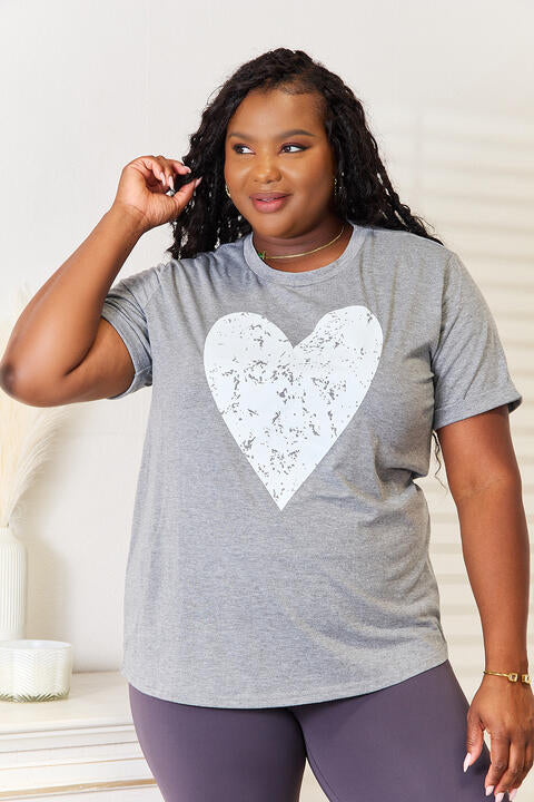 Heart Graphic Cuffed T-Shirt for Women - Heather Grey Cotton Tee | Casual Streetwear, Date Night Outfit