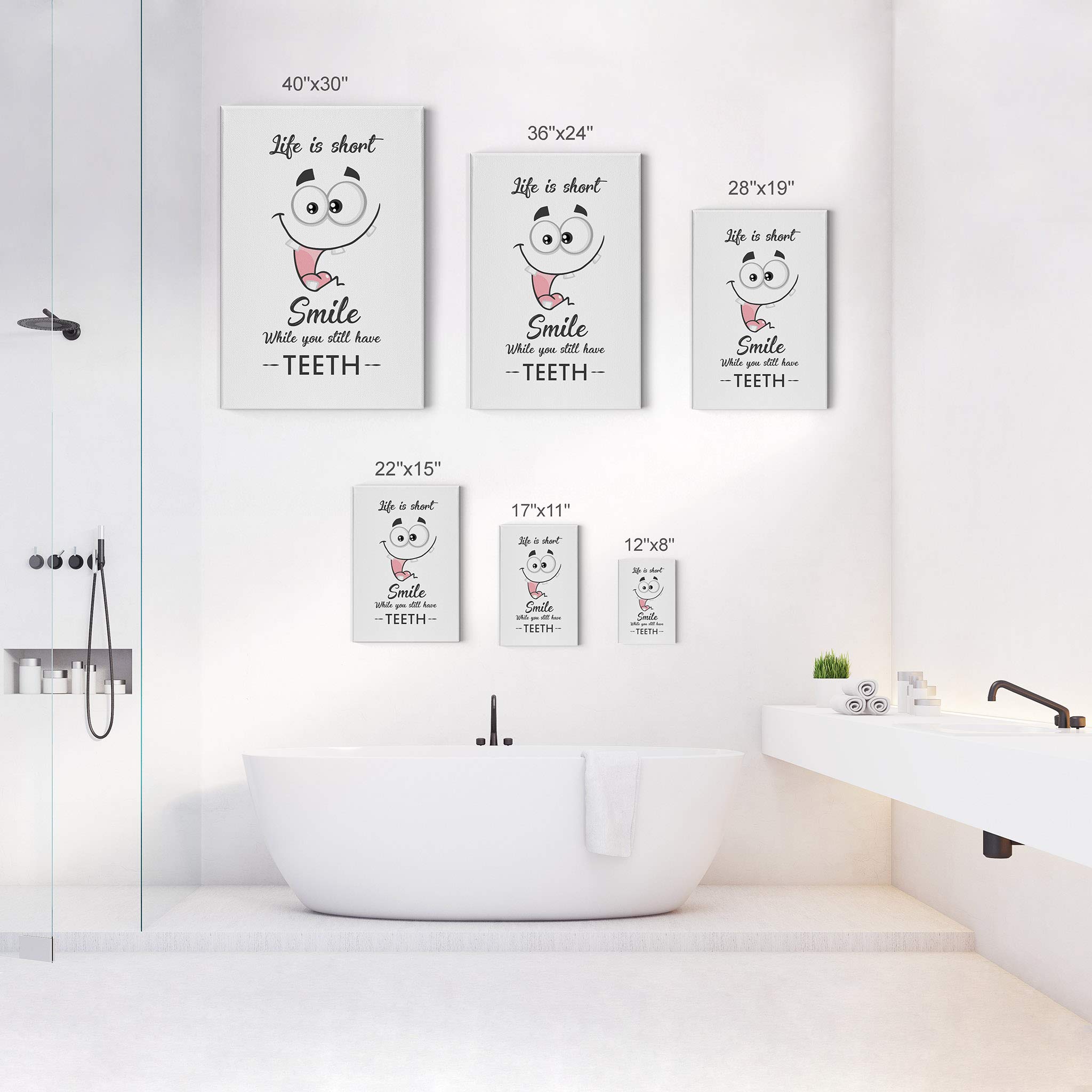 Funny Bathroom Wall Art - 'Life is Short, Smile While You Still Have Teeth' Canvas Print Sign | Ready to Hang Bathroom Decor | Home Decoration Made in USA (36x24) | Perfect for Powder Rooms, Guest Baths & Humorous Home Gifts