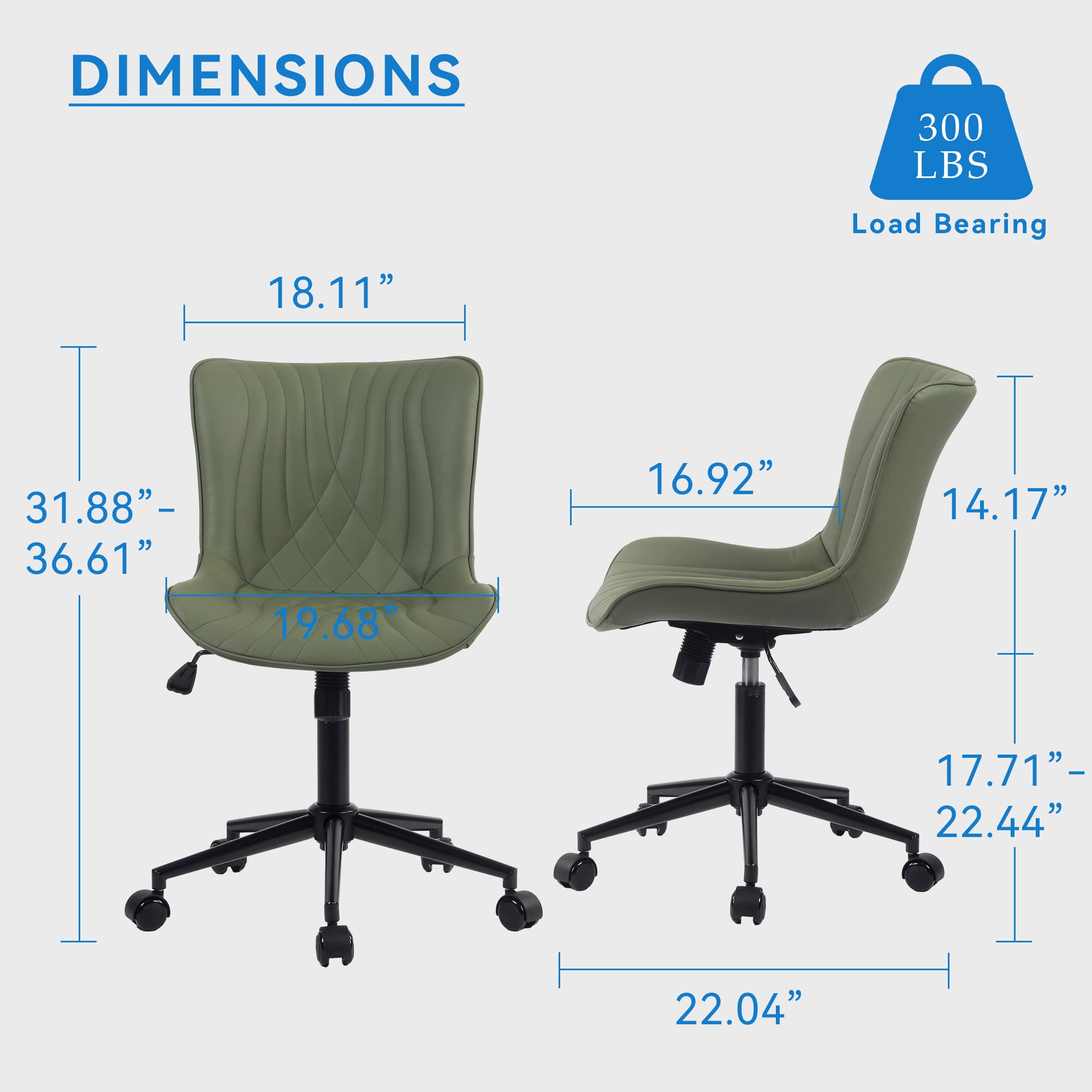 YOUNIKE Modern Armless Office Chair - PU Leather Upholstered Adjustable Swivel Desk Chair with Wheels for Home & Computer Work - Dark Green - Perfect for Small Spaces, Gaming & Remote Work