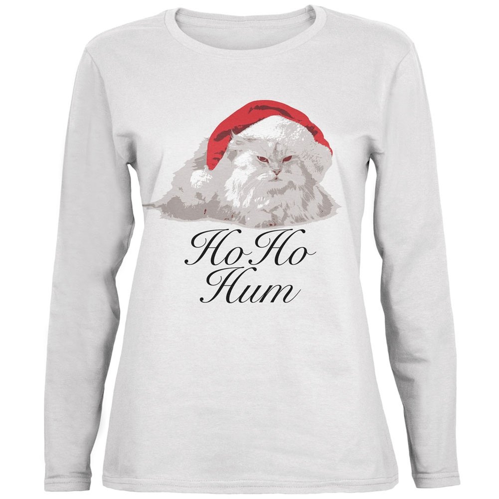 Christmas Ho Ho Hum Cat White Women's Long Sleeve T-Shirt - X-Large | Cute Holiday Cat Graphic Tee for Women | Perfect for Christmas Parties & Festive Outfits