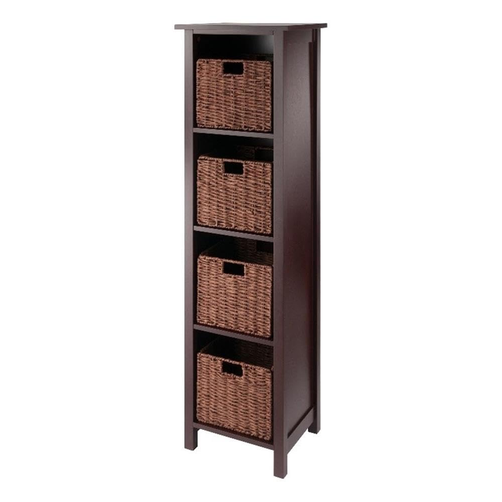 Winsome Wood Milan 5-Piece Storage Shelf with 4 Foldable Woven Baskets in Walnut - Space Saving Organizer for Bedroom, Living Room & Office