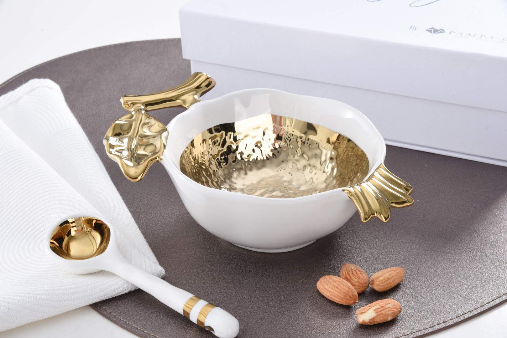 Pampa Bay Get Gifty Bowl and Spoon Set - 16oz Ceramic Soup Bowls with Spoons for Soup, Cereal, Snacks, Nuts, Ice Cream - Elegant Gold Pomegranate Design - Perfect for Dining, Gifts, and Home Decor