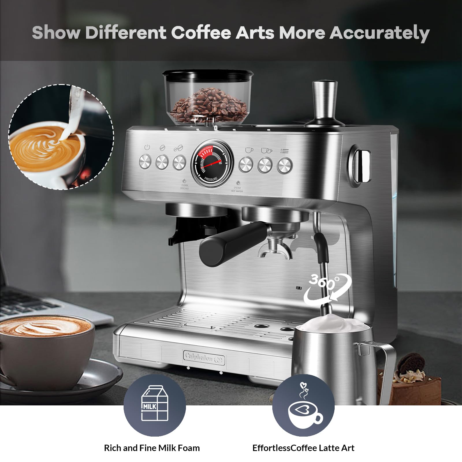Premium 20 Bar Semi-Automatic Espresso Machine with Built-in Grinder & Milk Frother - PID Temperature Control, 95oz Water Tank - Perfect for Crafting Lattes, Cappuccinos & Macchiatos at Home or Café