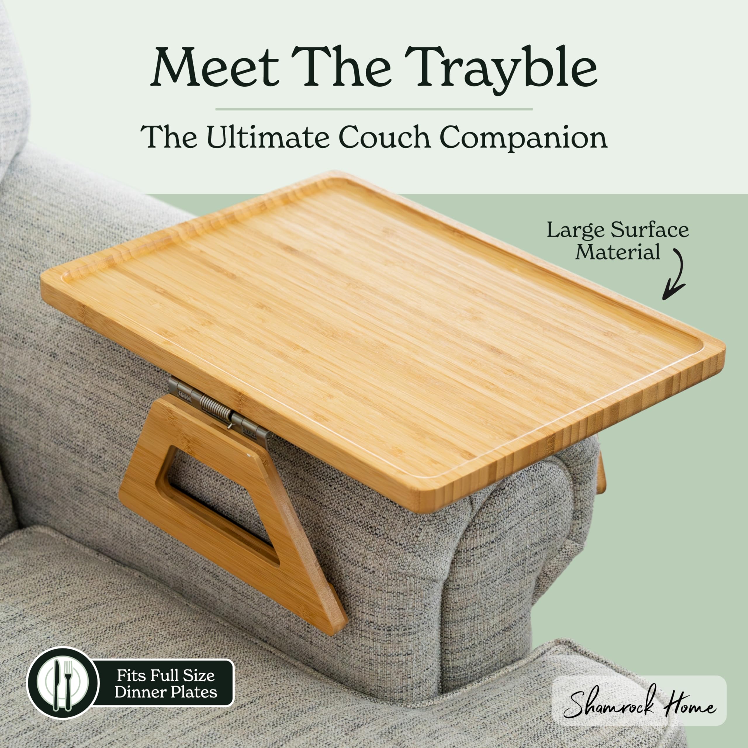 Shamrock Home Bamboo Clip-On Couch Arm Tray Table - 15.75 x 11 Inch Beige Sofa Side Table for TV Dinners, Drinks, Snacks & Remote Control - Perfect for Small Spaces, Living Room & Bedroom Use