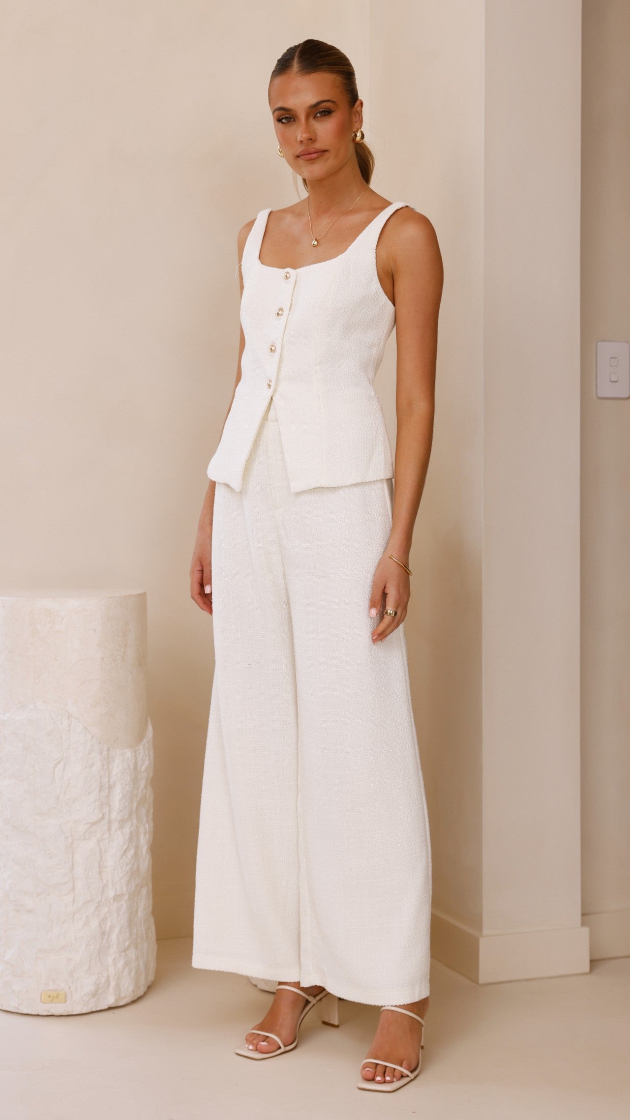 Stylish Karrina Tweed Button-Up Vest and Pants Set in White | Women's Fashion Outfit for Office, Party & Special Occasions