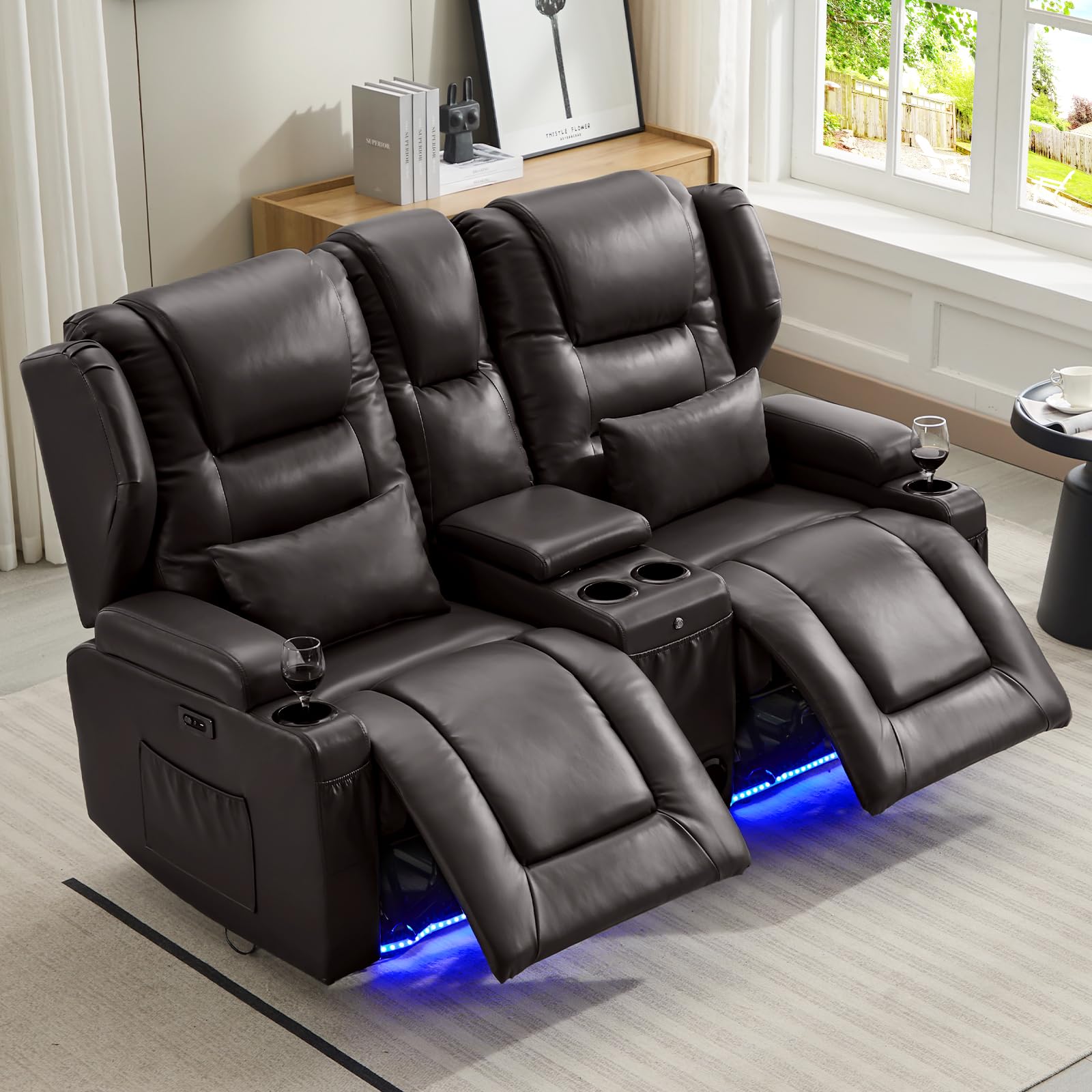 Power Reclining Loveseat Sofa with Adjustable Split Back, USB Chargers, Bluetooth Speakers & LED Lights – Home Theater Seating with Storage & Cup Holders – Perfect for Living Room, Media Room & Home Theater Comfort