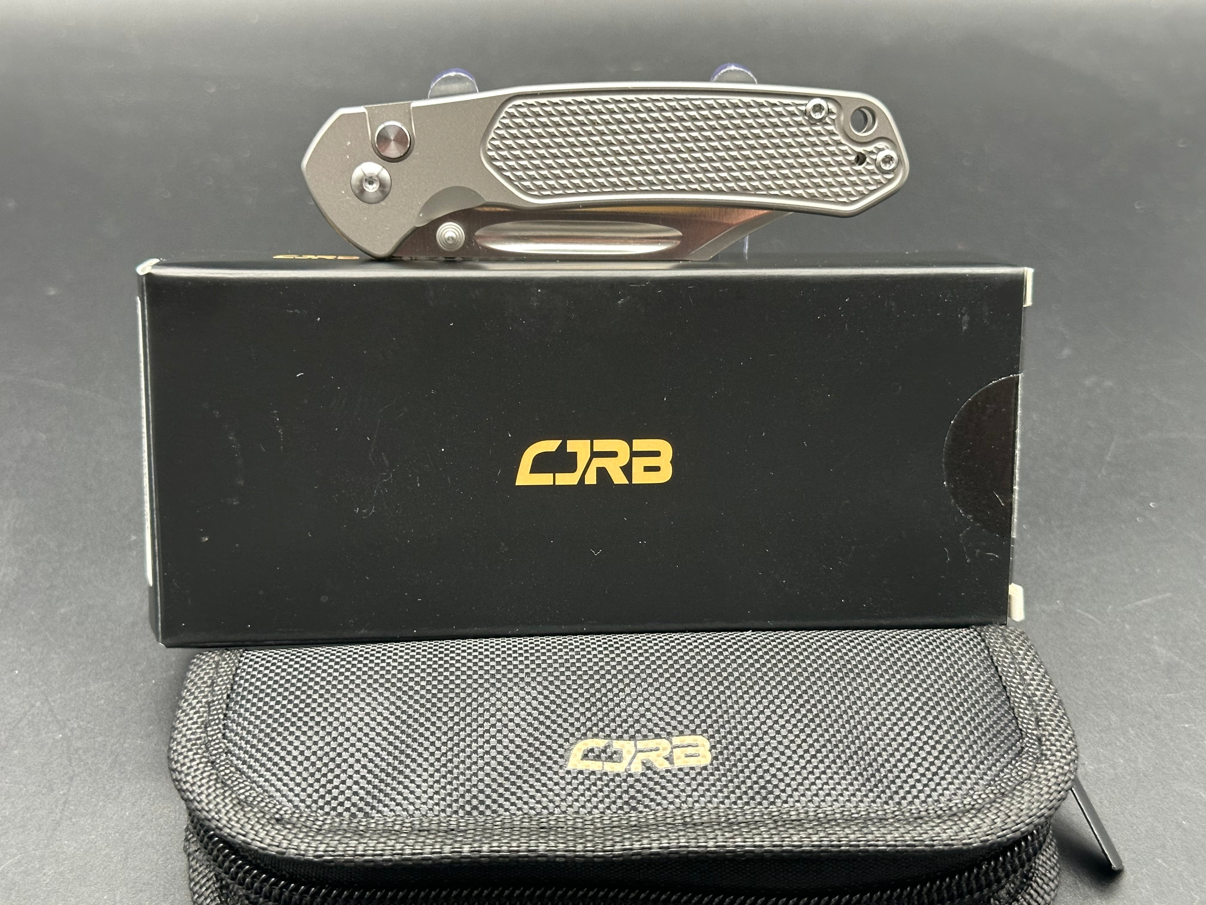 CJRB Bowie Pyrite Button Lock Folding Knife - Textured Gray Titanium Handle, 3.2