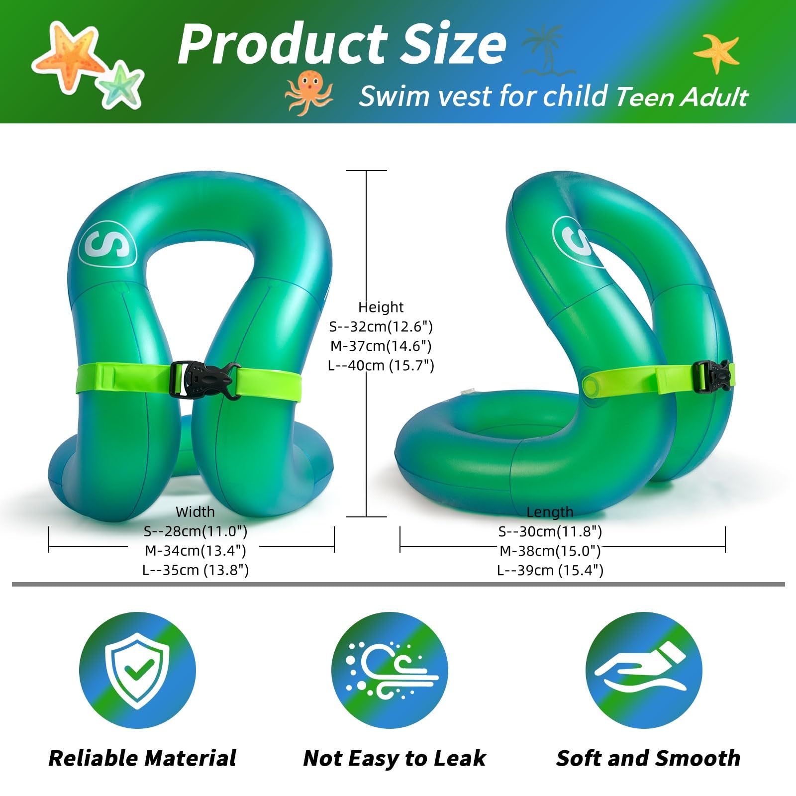 Inflatable Swim Vest for Kids & Adults - Lightweight Buoyancy Aid, Adjustable Pool Floaties for Toddlers, Teens, and Beginners - Perfect for Swimming Lessons, Beach, and Pool Safety