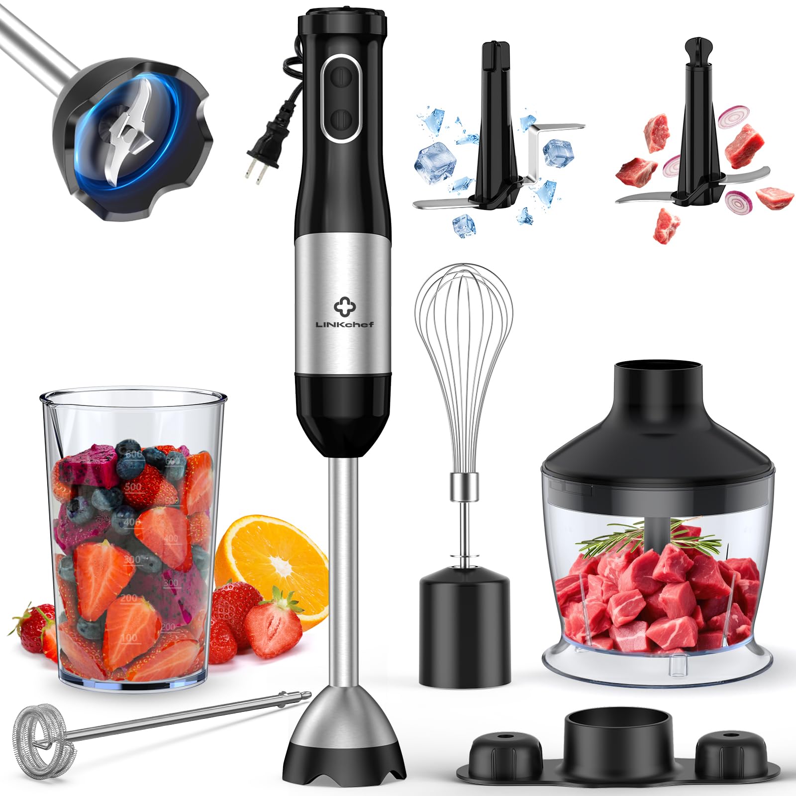 LINKChef 800W 7-in-1 Immersion Blender Handheld - 2 Titanium Steel Blades, 20 Speed & Turbo Mode, Includes Whisk, Milk Frother, Food Processor & Beaker - Perfect for Smoothies, Soups, Sauces & Baking at Home