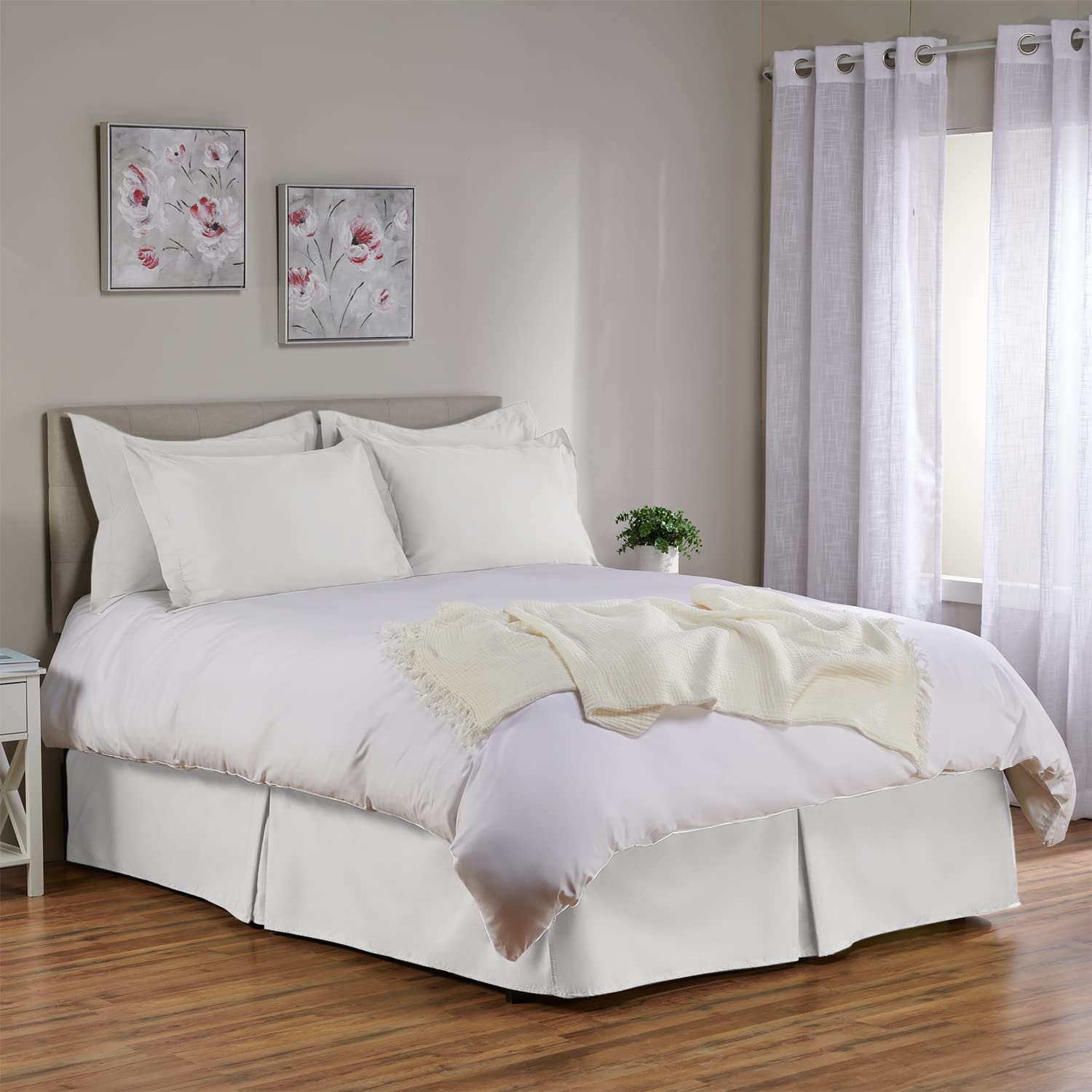 Premium White Queen Size Bed Skirt - 18 Inch Drop Split Corner Design with Tailored Pleats | Poly-Cotton Blend Fitted Bed Skirt for Luxury Bedrooms, Guest Rooms & Airbnb Styling
