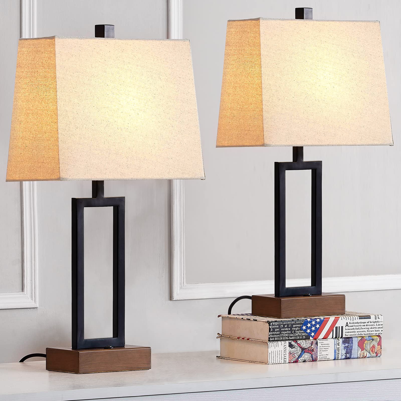 Modern Wood Nightstand Lamp Set of 2 with USB Ports & AC Outlet - 23.5