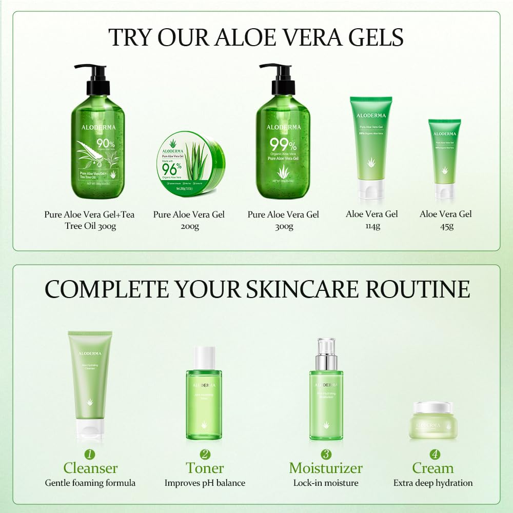 Aloderma Signature Aloe Brightening Skincare Set - 6 Piece Kit with Gel, Cleanser, Toner, Serum (x2), Cream for Hydration & Glow | Perfect for Dry & Sensitive Skin, Morning & Night Routine