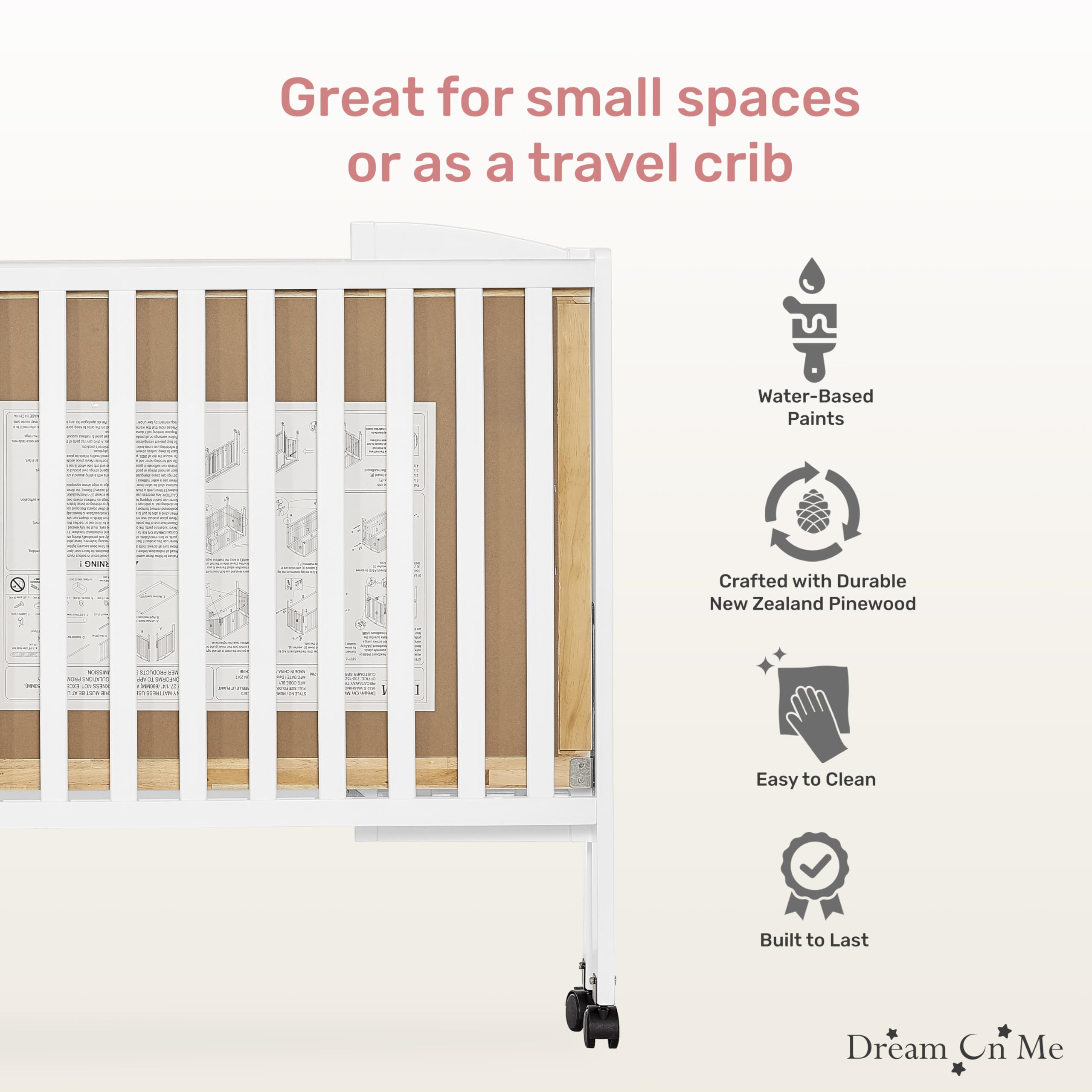 Dream On Me 2-in-1 Convertible Baby Crib - Full Size White Nursery Crib with Locking Wheels, Foldable Design for Space Saving Storage, Includes Teething Guard & Non-Toxic Finish - Perfect for Newborns, Toddlers & Small Bedrooms