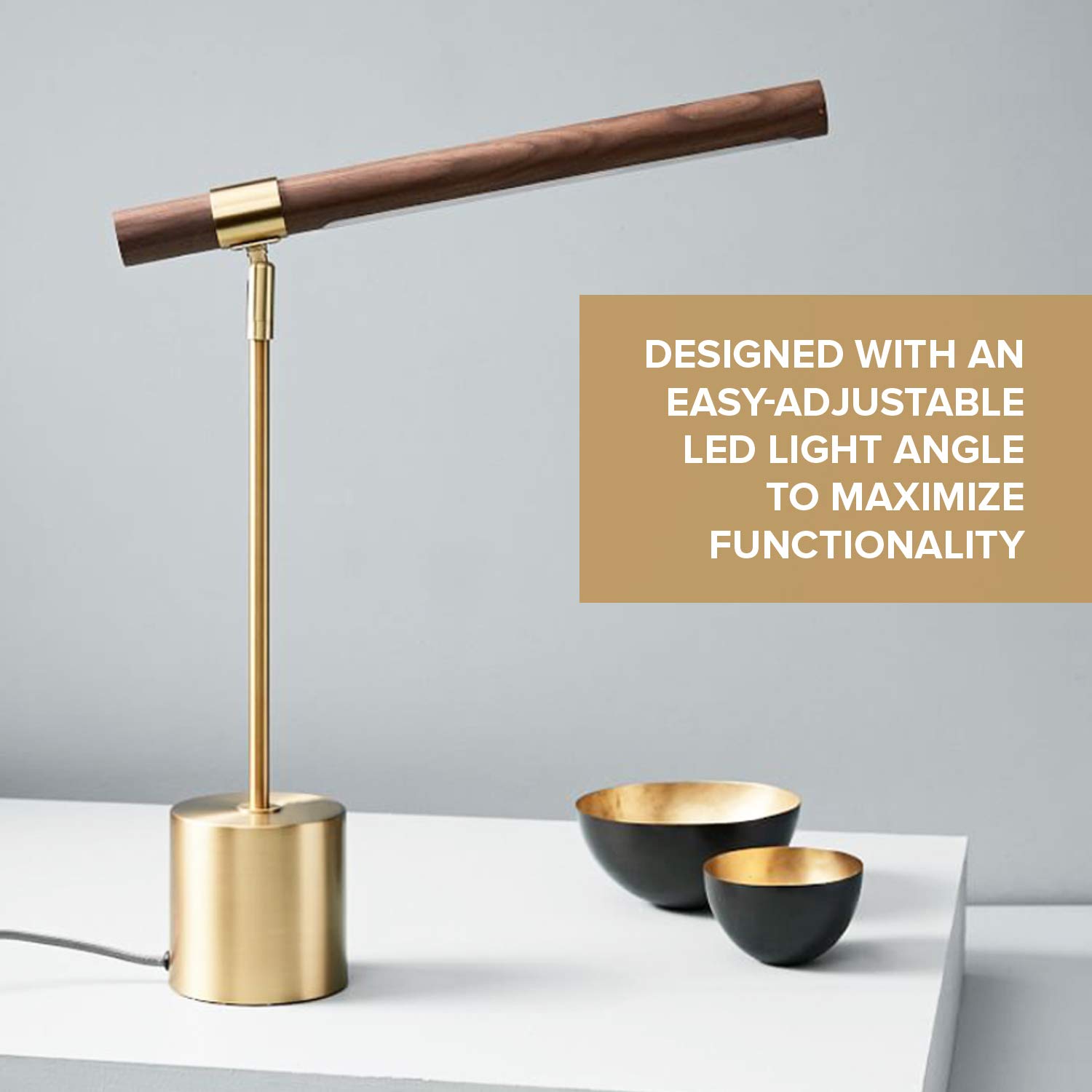 Modern Banker Slim LED Desk Lamp - Adjustable Wood & Brass Table Light for Home Office, Bedroom Nightstand - Mid Century Steampunk MCM Style Lighting for Reading, Working, Decor
