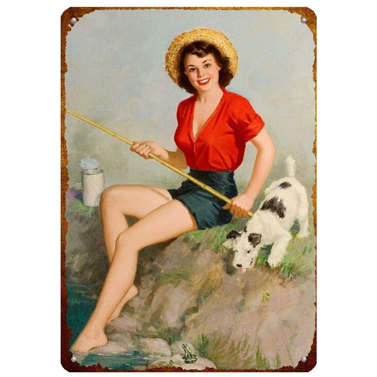 Vintage Metal Sign - Pin Up Girl Fishing with Fox Terrier Puppy Dog - 12x8 Inch Aluminum Tin Sign for Home, Farmhouse, Bar & Restaurant Decor - Rustic Wall Art for Kitchen, Pub, Chicken Coop & Country Style Spaces