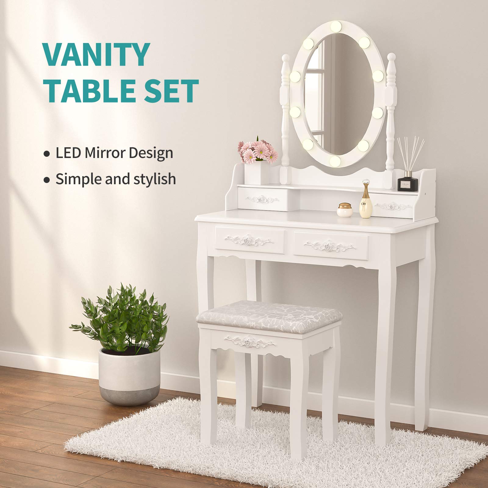 White Makeup Vanity Table with 10 LED Lights & Oval Mirror - Wooden Dressing Table with 4 Drawers & Stool - Perfect for Girls & Women's Bedroom Furniture (White) - Ideal for Makeup Application, Skincare Routine & Home Decor