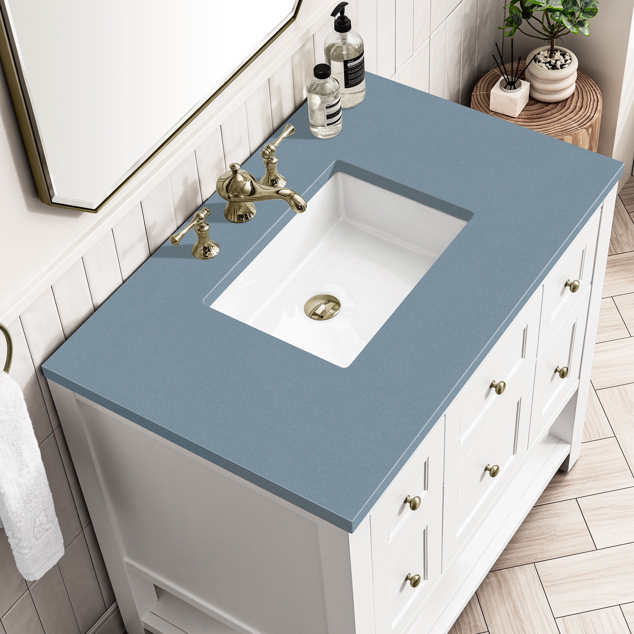 Breckenridge 36 Inch Single Bathroom Vanity Set with Bright White Finish & 3CM Cala Blue Quartz Top - Modern Sink Cabinet for Small Bathrooms, Powder Rooms & Guest Suites