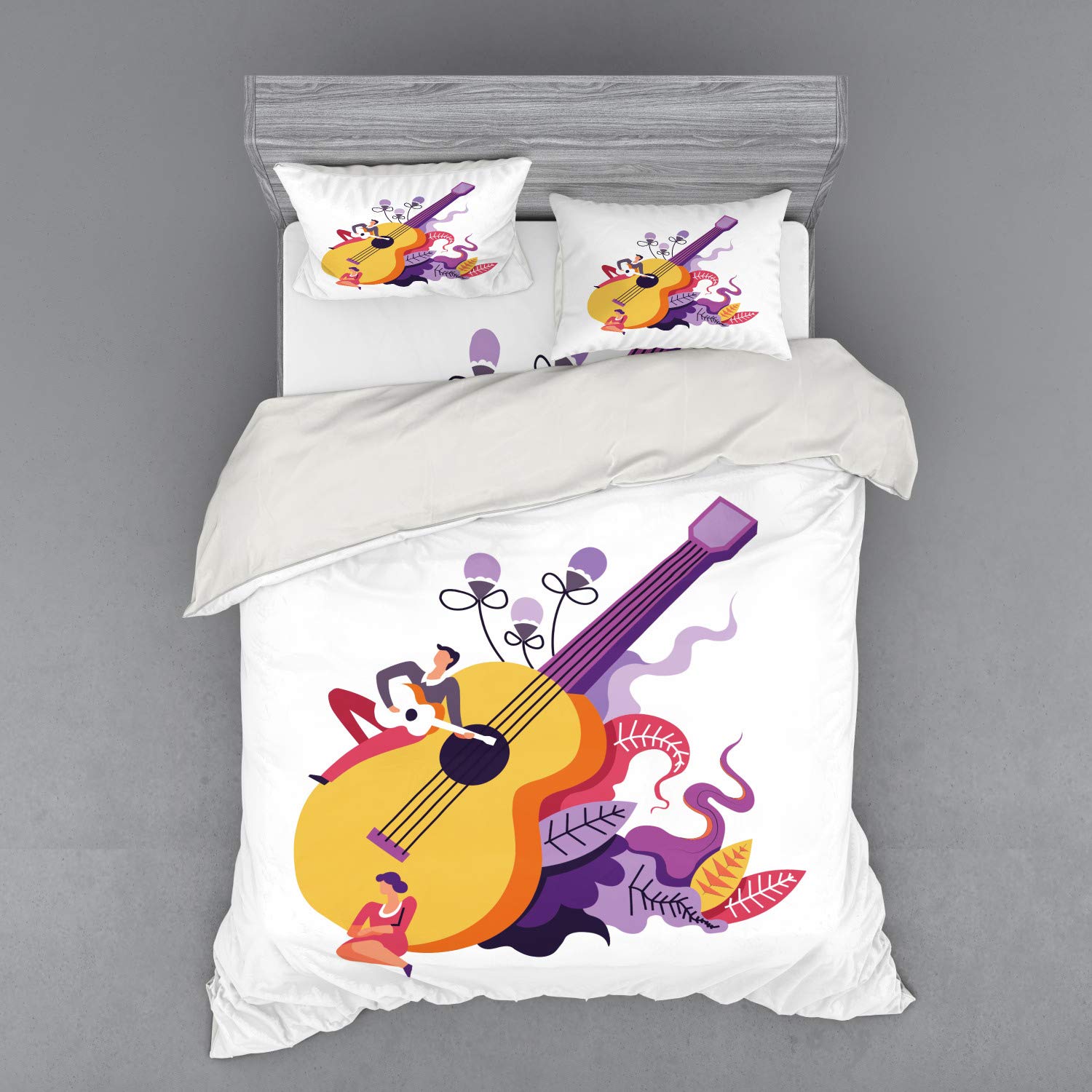 Ambesonne Music Themed 4-Piece Queen Size Bedding Set - Guitarist Performance with Floral Design Duvet Cover, Shams & Fitted Sheet in Mustard & Multicolor | Perfect for Music Lovers' Bedroom Decor