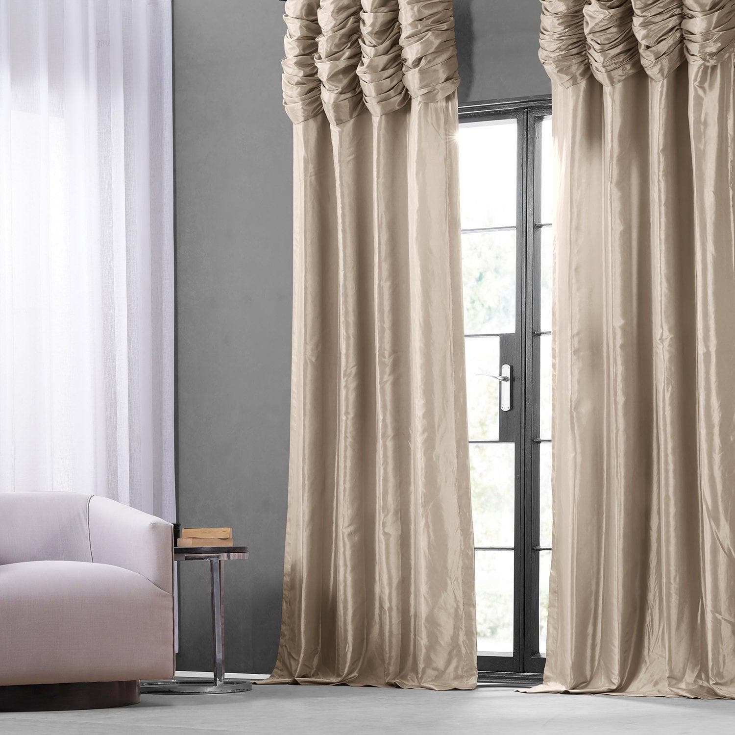 Antique Beige Ruched Faux Silk Taffeta Blackout Curtains for Bedroom & Living Room - Elegant Light Blocking Window Drapes for Home Decor