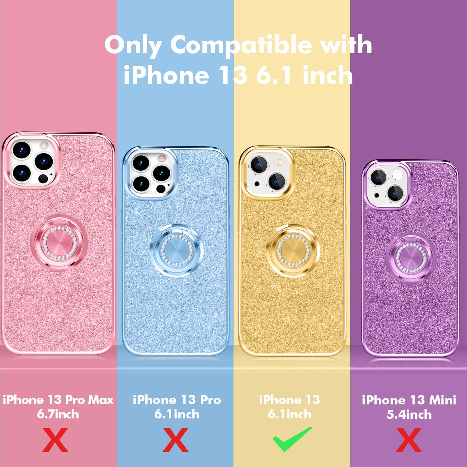 Sparkling Rhinestone iPhone 13 Case with Kickstand & Camera Protection - 6.1 Inch Glitter Phone Cover with Ring Holder, Full Body Shockproof Design for Women (Gold) | Perfect for Daily Use, Parties, Travel & Gift Giving